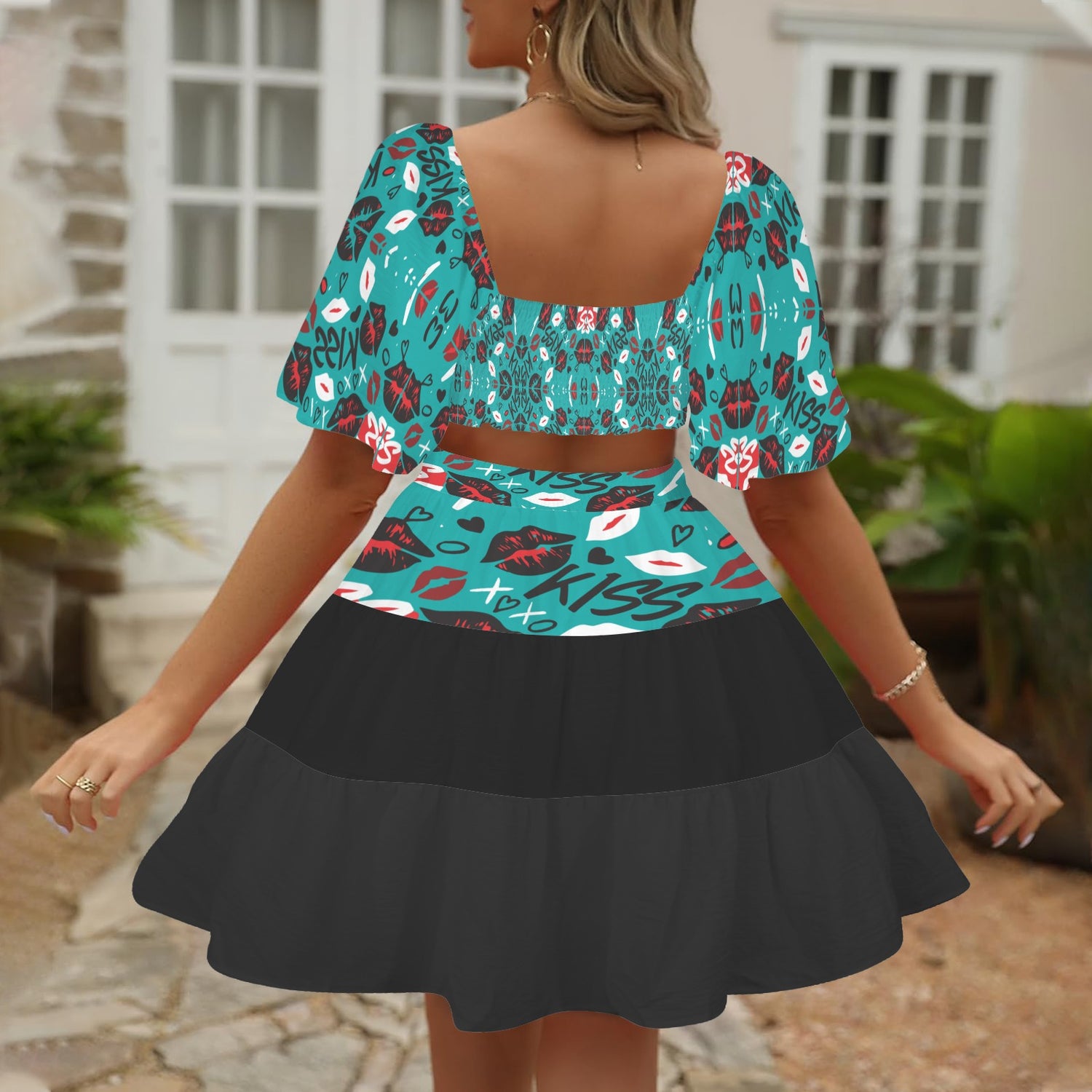Cross Waist Dress Mouths Black Torquoise