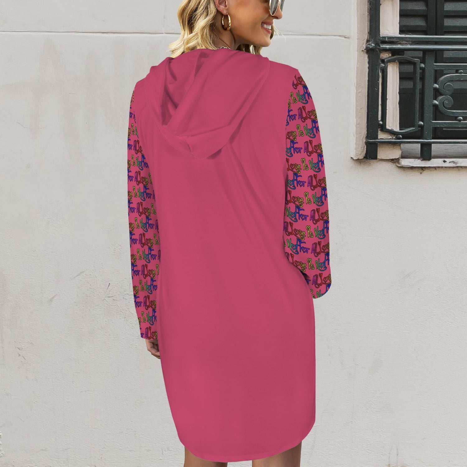 Love Is Not For All Pattern Hoodie Dress Magenta Black