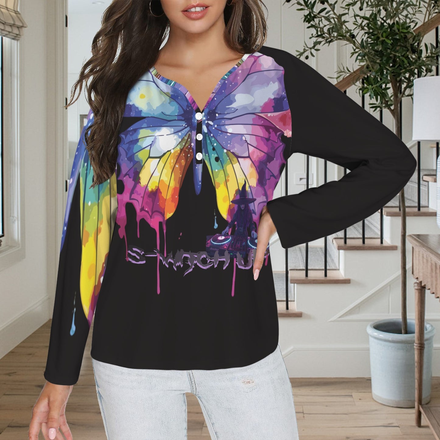 LINFA Little Hearts Long Sleeve Shirt Button Black