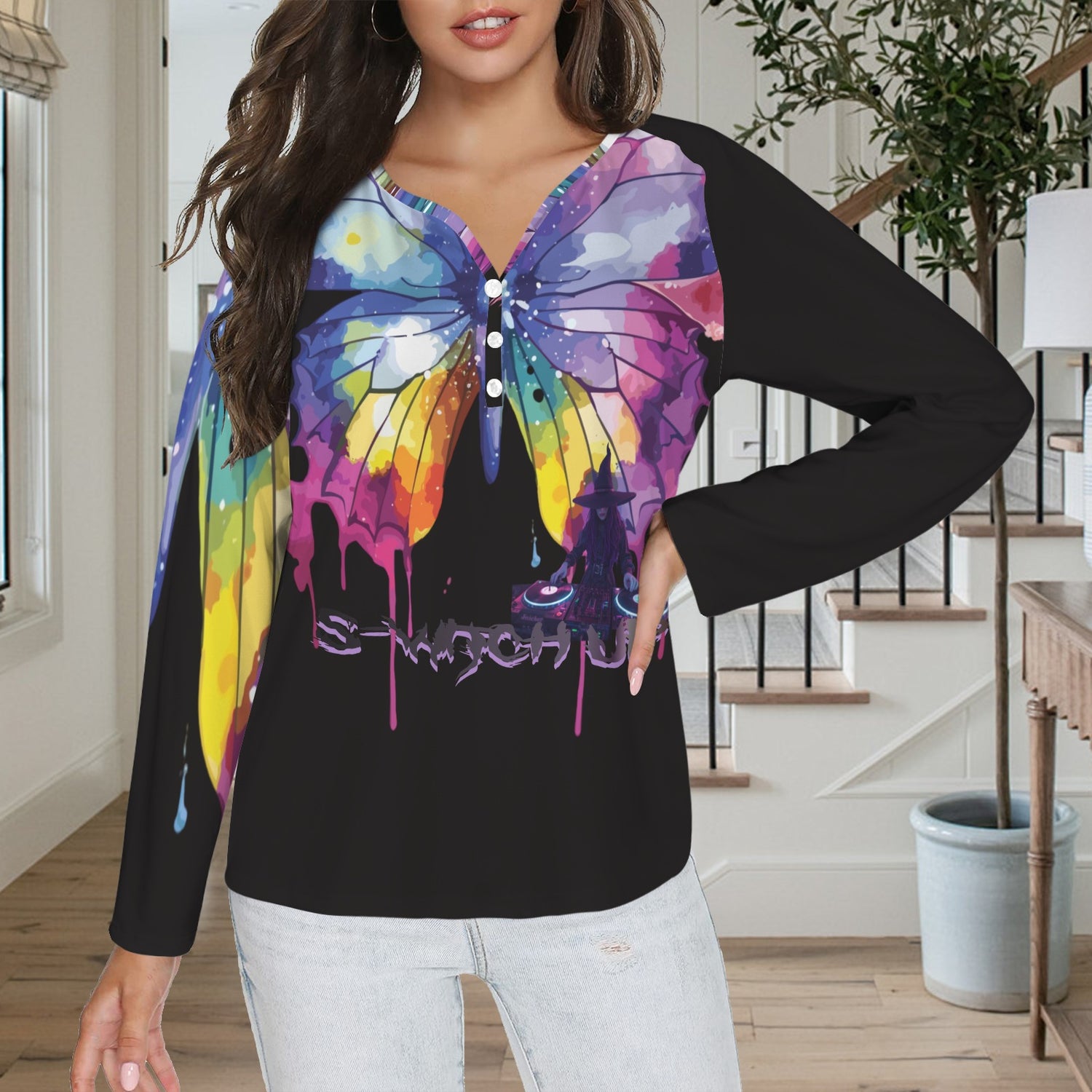 LINFA Little Hearts Long Sleeve Shirt Button Black