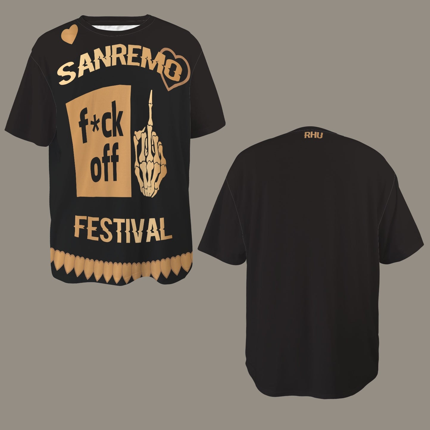 FUCK OFF HEARTS SANREMO FESTIVAL DISTRESSED T-SHIRT BLACK BROWN