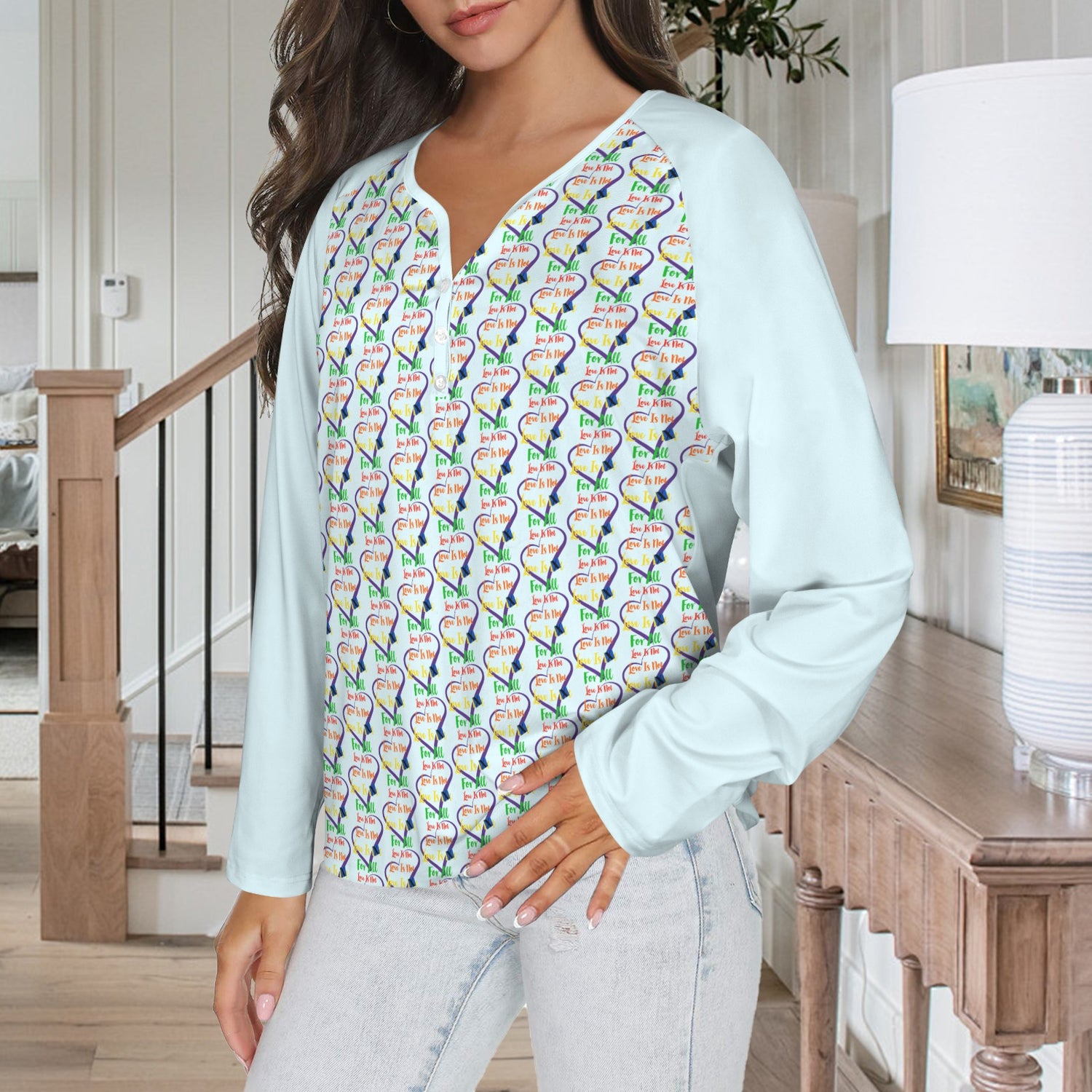 LINFA Little Hearts Long Sleeve Shirt Button Light Blue Eyes