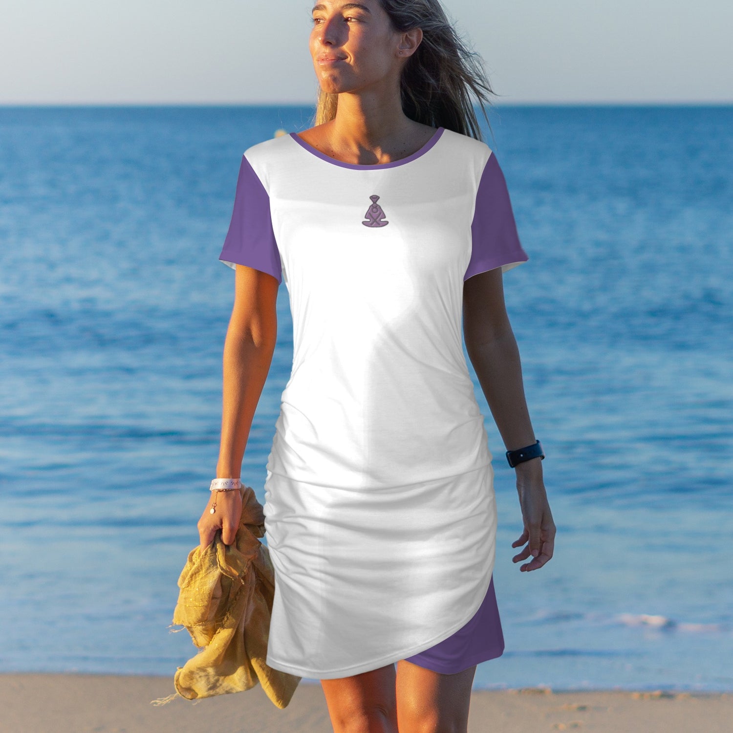 Buddha Bodycon Dress White Purple Sleeve