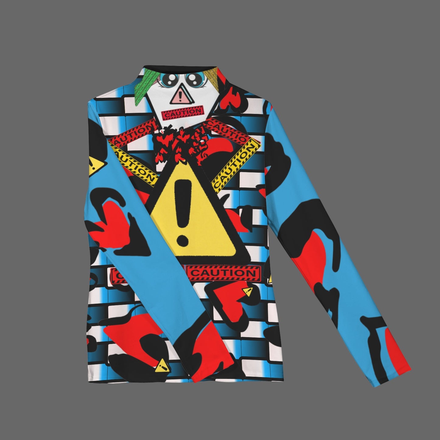 CAUTION Long Sleeve Turtleneck Shirt Light Blue/White Black Hearts V2