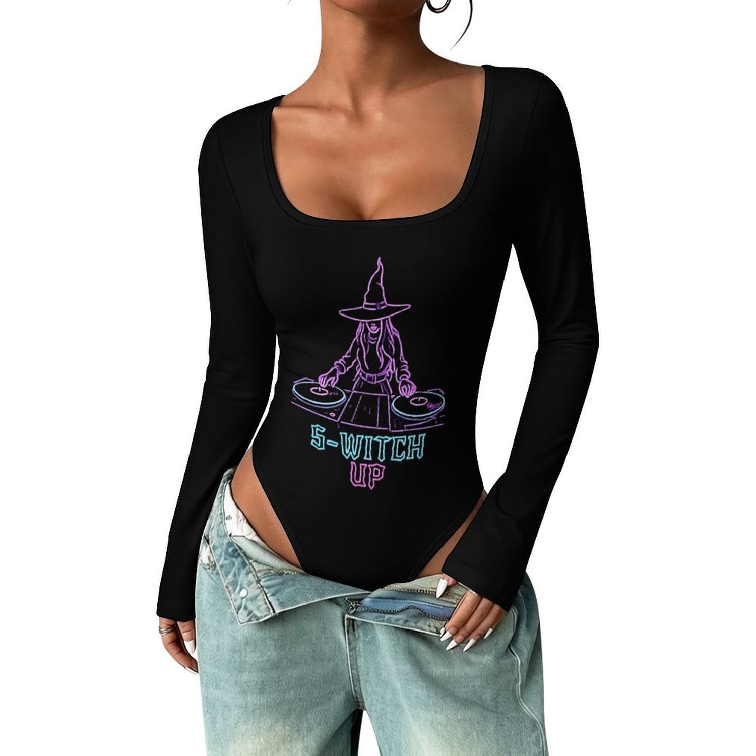 Custom Women's Square Neck Long Sleeved Jumpsuit
