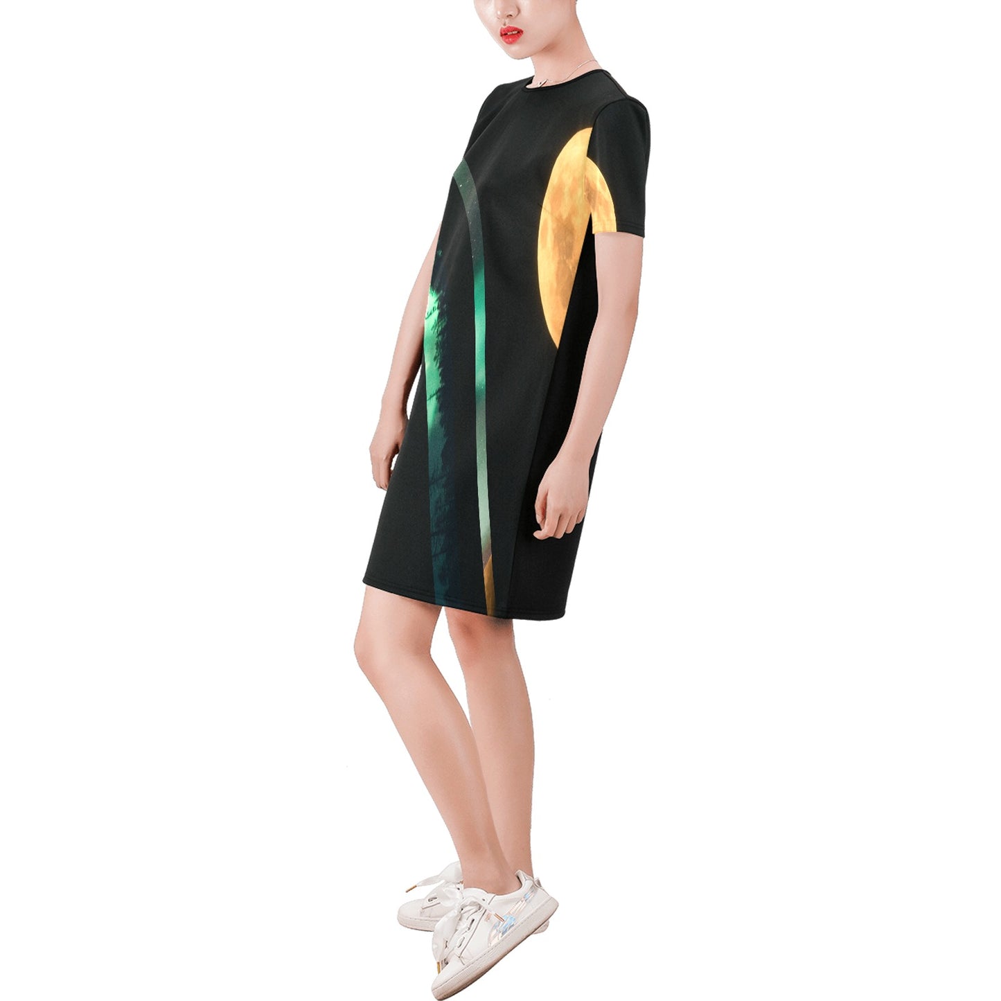 Moon Black Green Sky Stripes  A-Line Dress Short-Sleeve Round Neck A-Line Dress (Model D47)