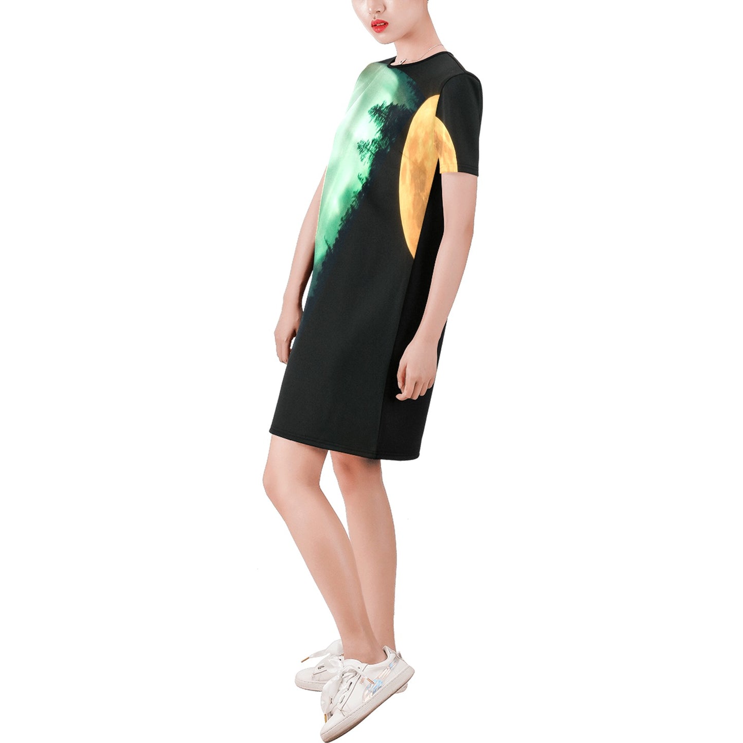 Moon Black Green Sky  A-Line Dress Short-Sleeve Round Neck A-Line Dress