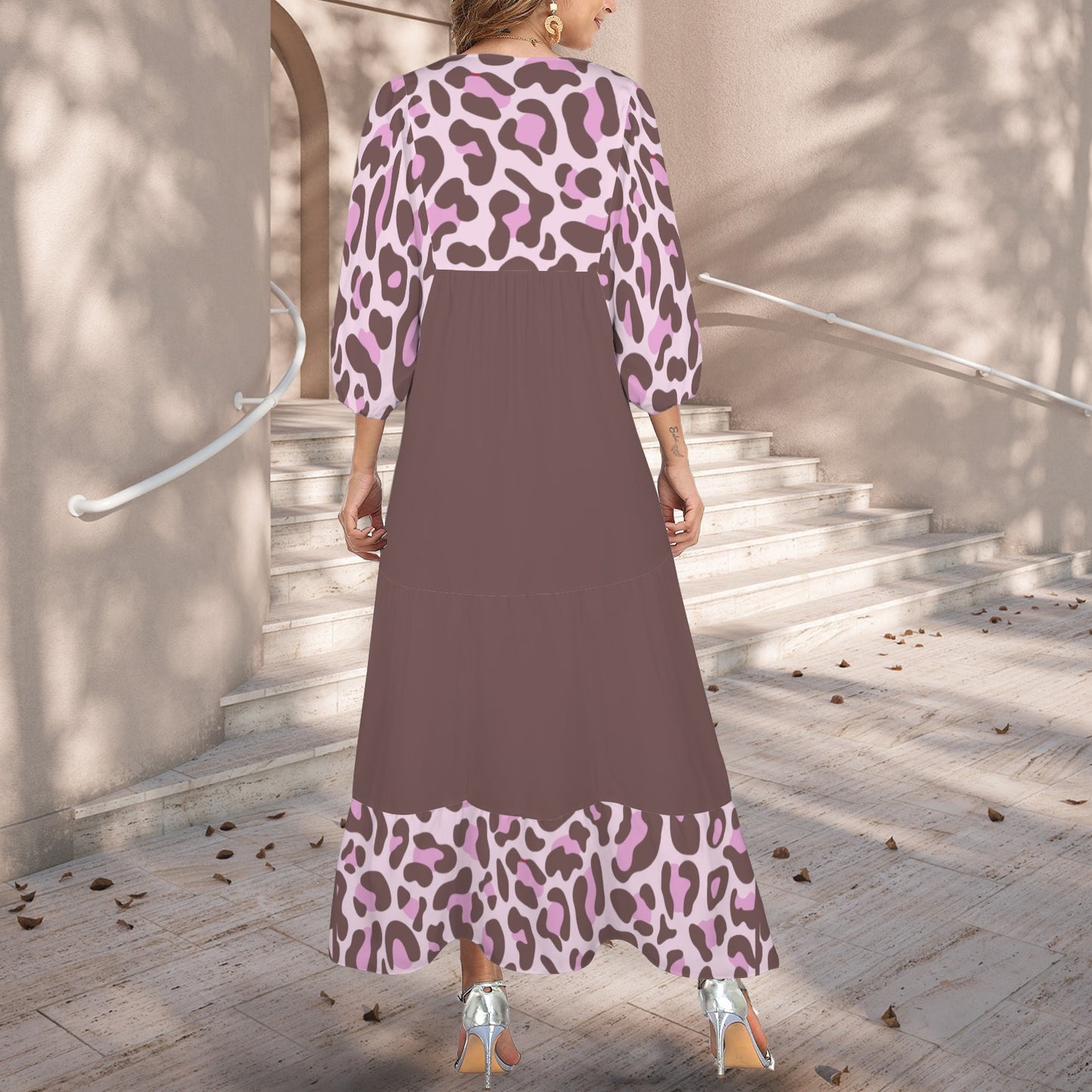 Caution Jimmy Cat Long Dress Leopard Brown Pink