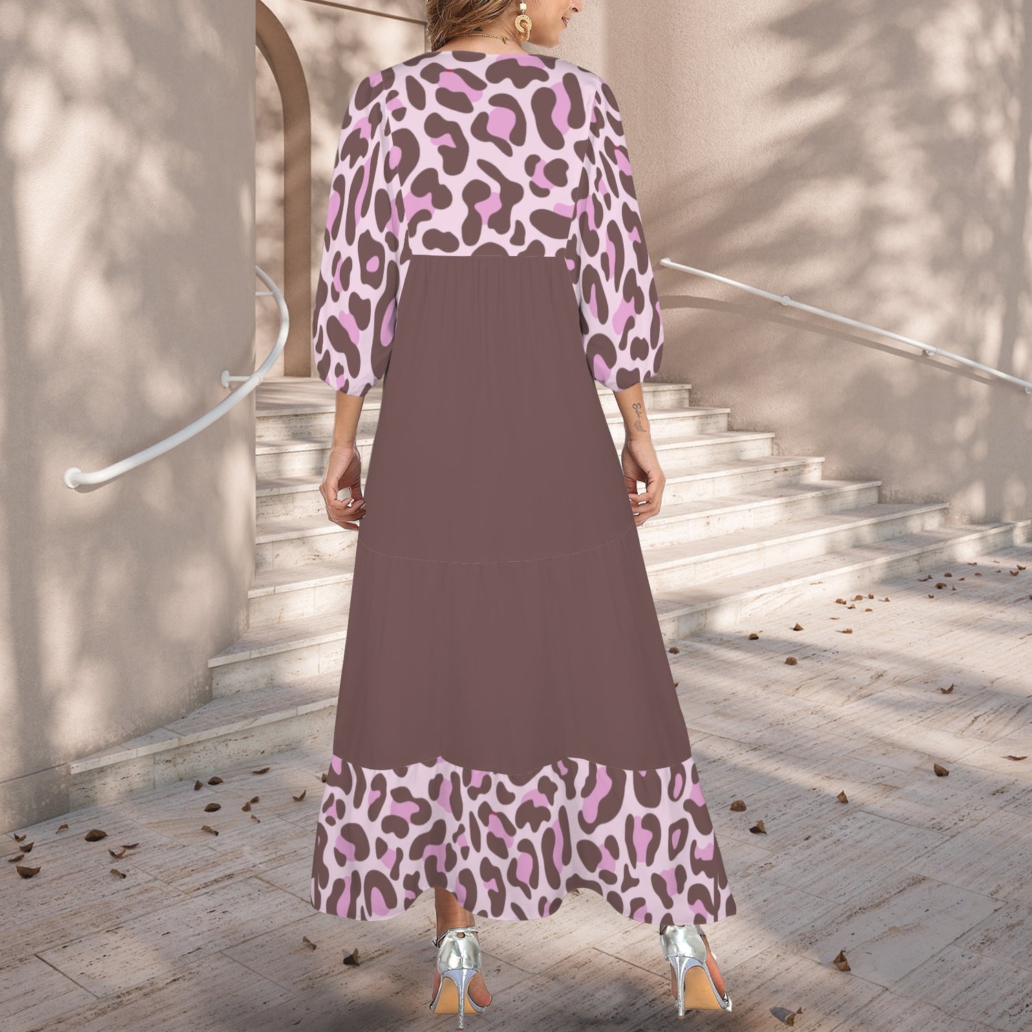 Caution Jimmy Cat Long Dress Leopard Brown Pink