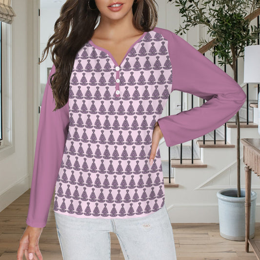 Buddha Pattern Long Sleeve Shirt Button Pale Pink Lilac Sleeve