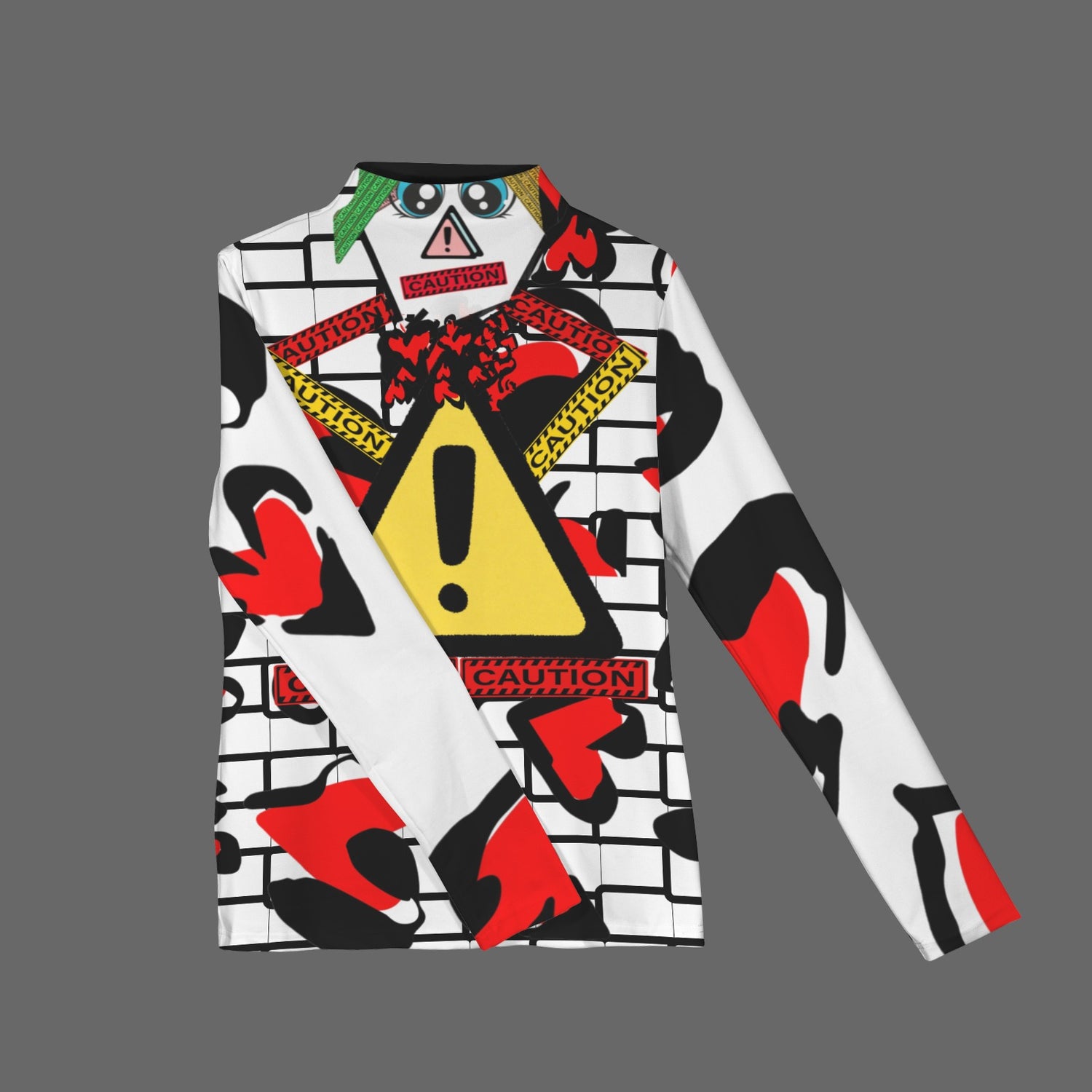 CAUTION Long Sleeve Turtleneck Shirt White Black Hearts V2