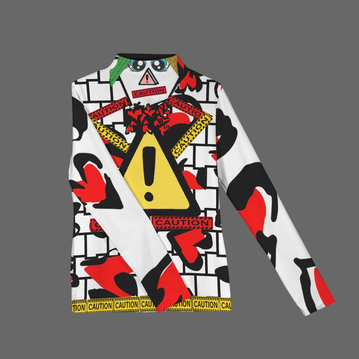 CAUTION Long Sleeve Turtleneck Shirt White Hearts V2