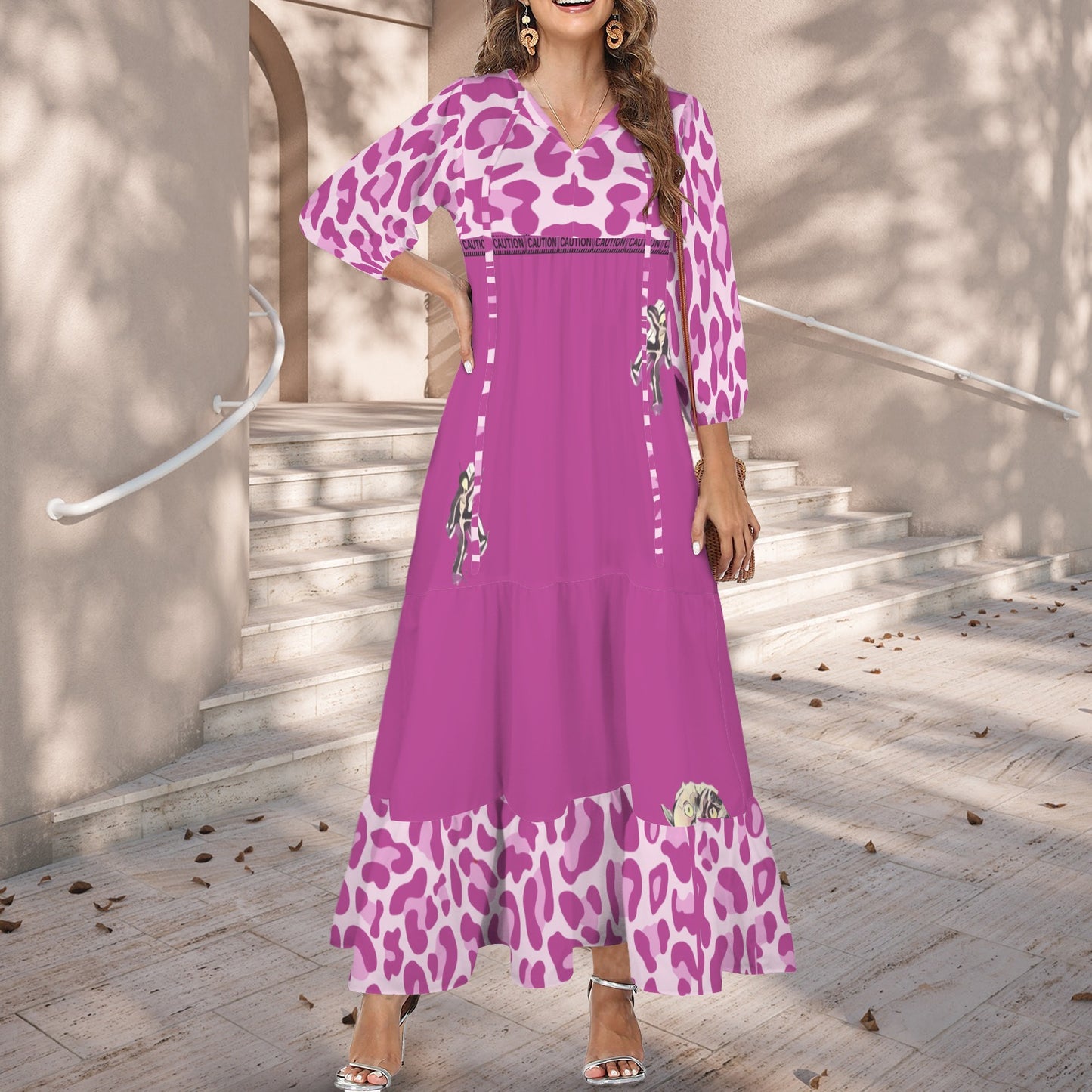Caution Jimmy Cat Long Dress Leopard Dark Hot Pink