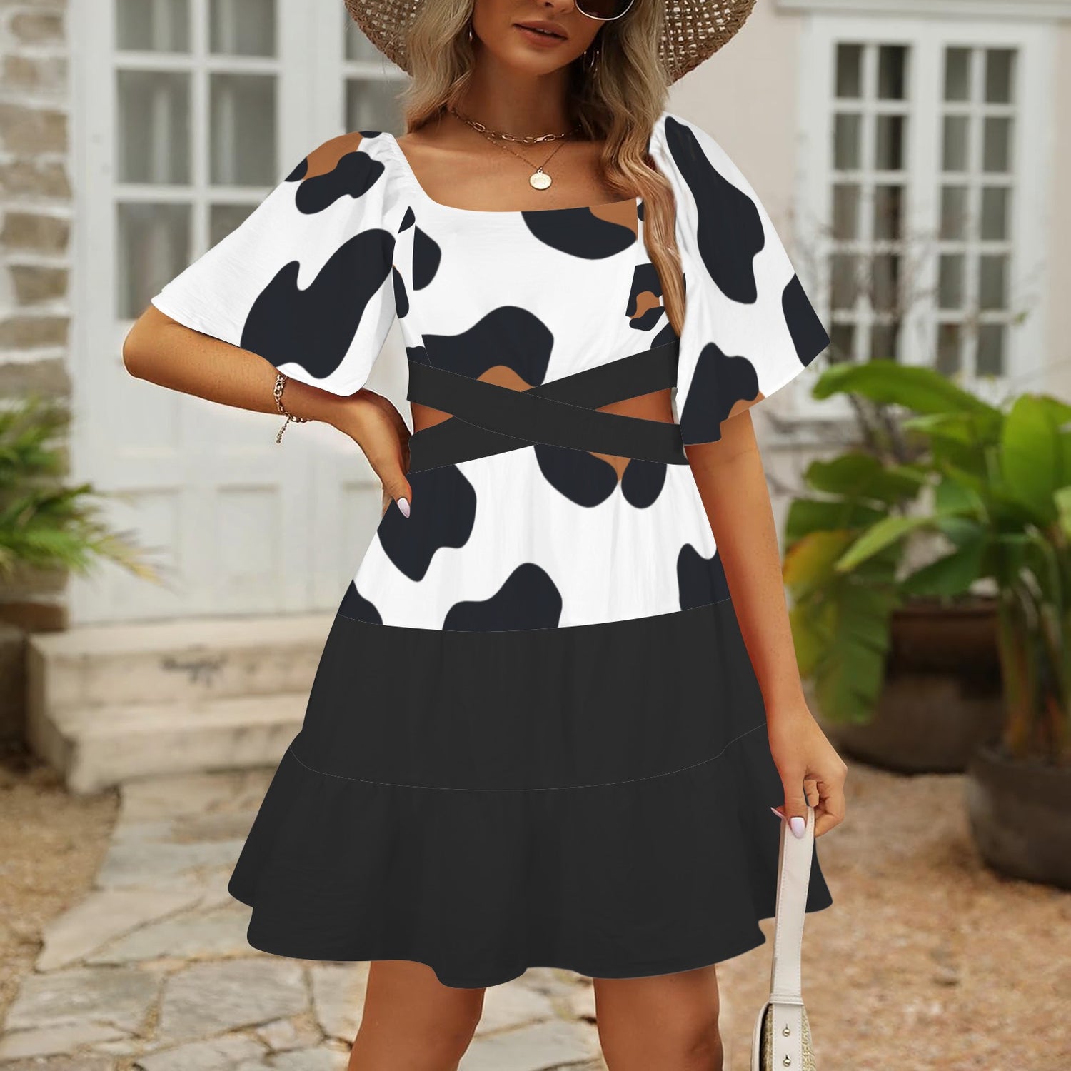 Cross Waist Dress Leopard Black White Brown