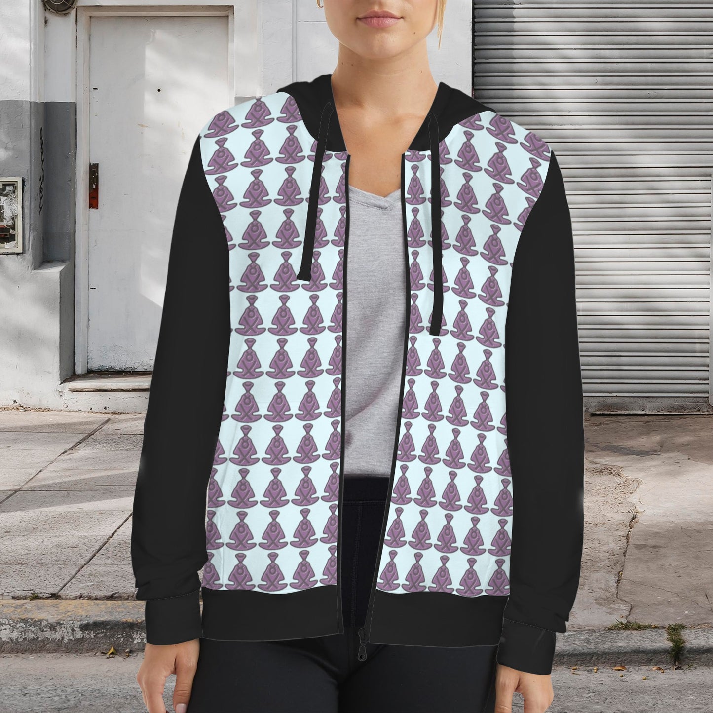 Buddha PAttern Light Blue Eye/Black Zip Up Hoodie