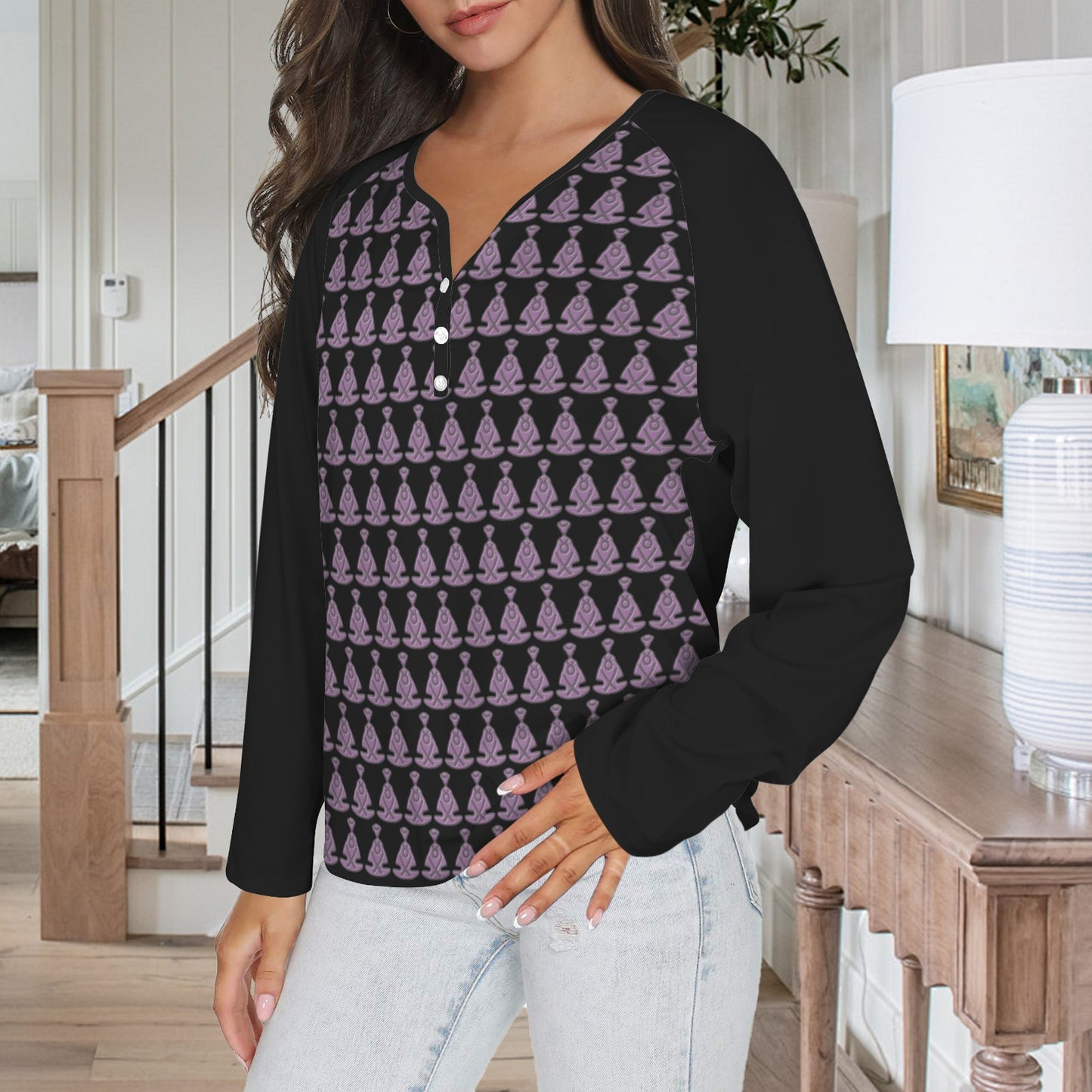 Buddha Pattern Long Sleeve Shirt Button Black