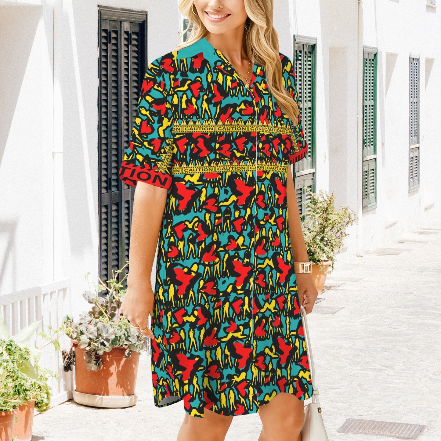 Caution Mosquitoes T Shirt Dress Verde Acqua Black Buttons