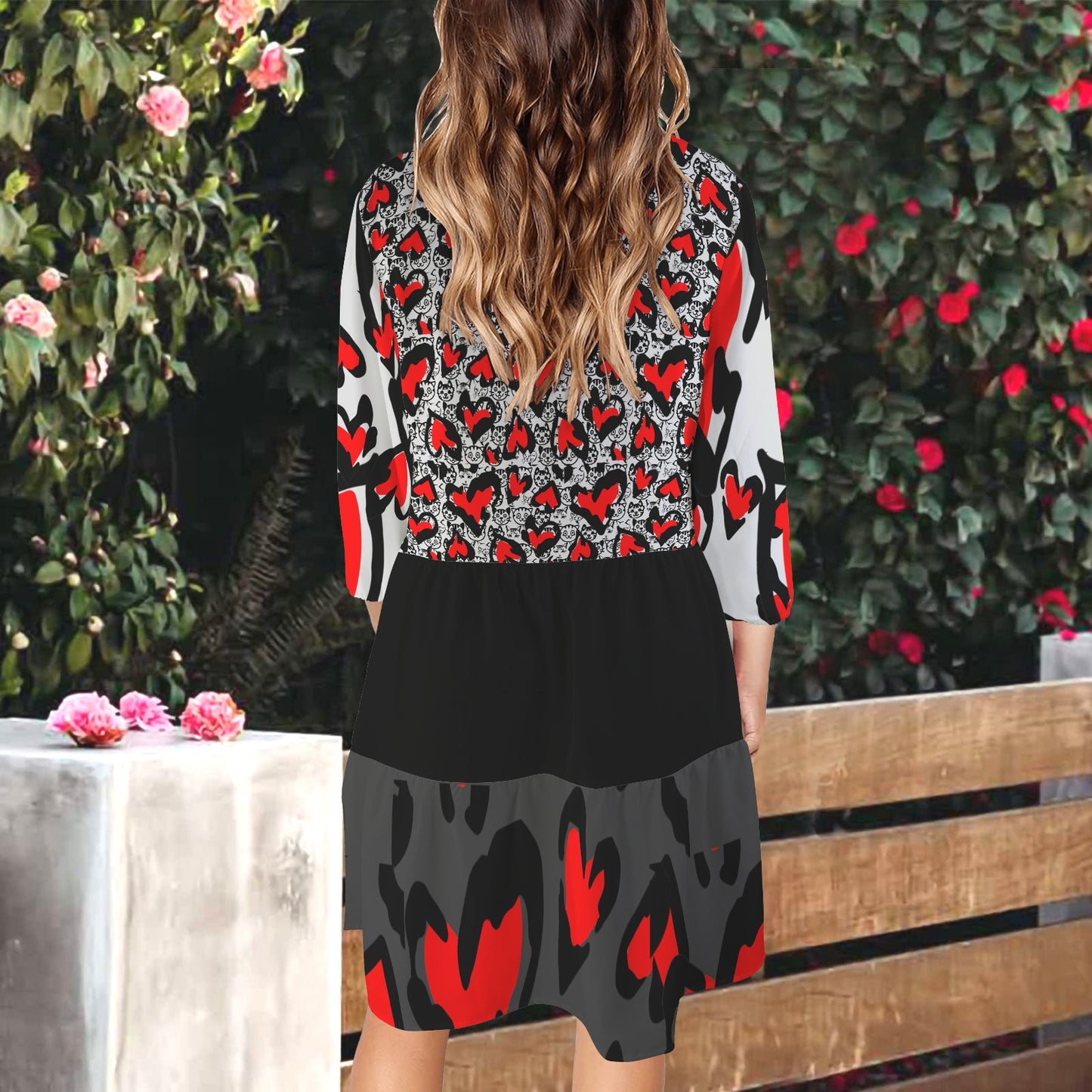 Love Kitties Dress Light Grey Black Charcoral Red Collar