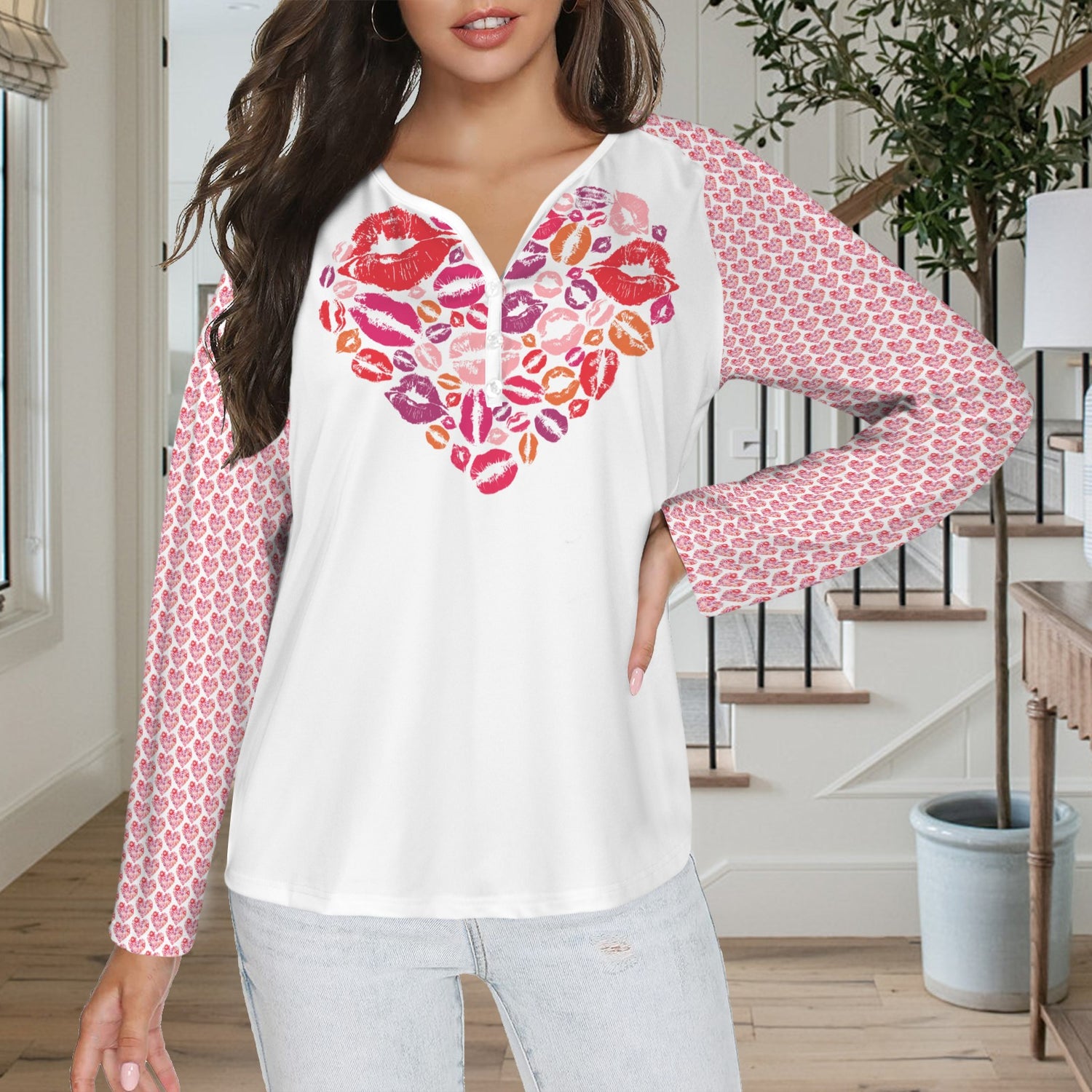 LINFA Little Hearts Long Sleeve Shirt Button Black