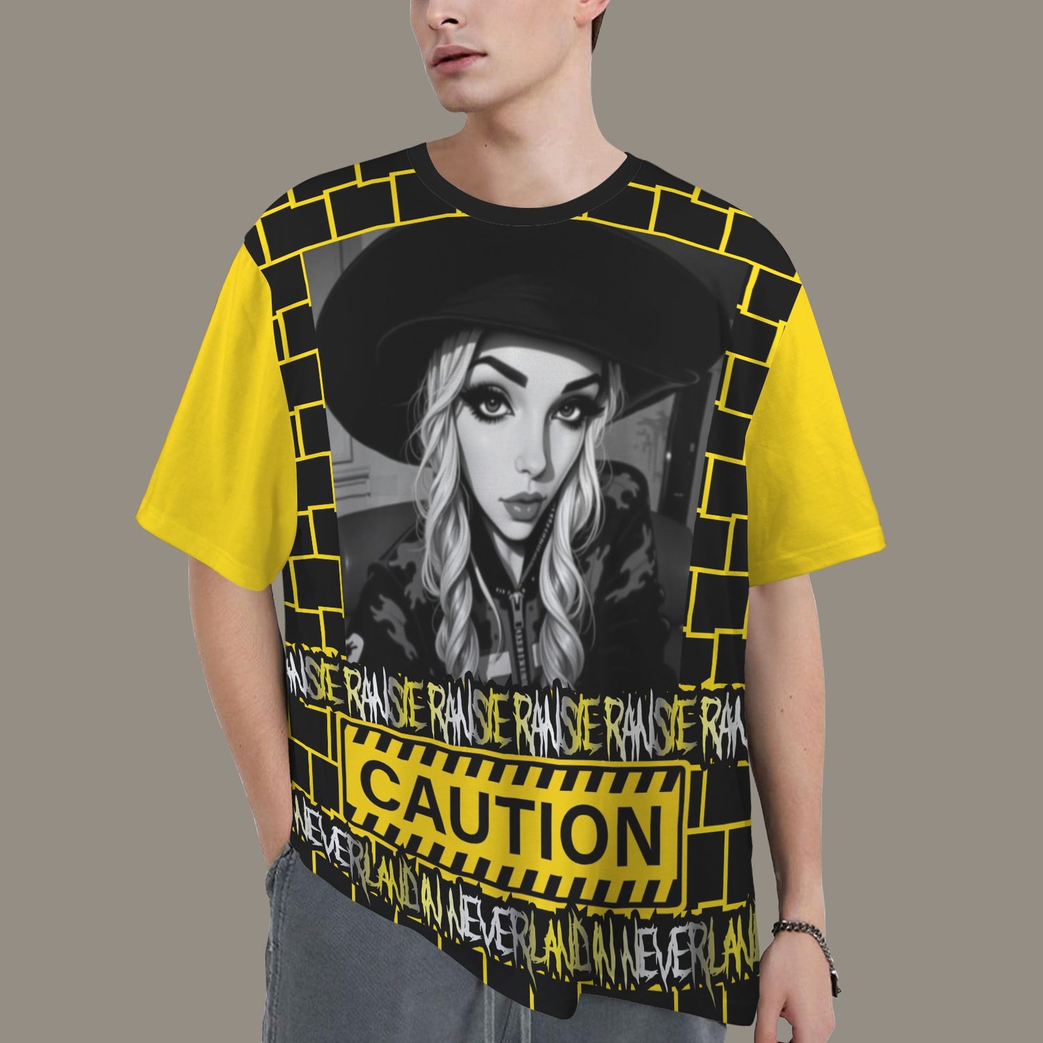 RANSIE CARTOON B/W CAUTION T-SHIRT - YELLOW - DISTRESSED NEVERLAND