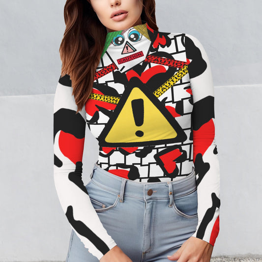 CAUTION Long Sleeve Turtleneck Shirt White Black Hearts