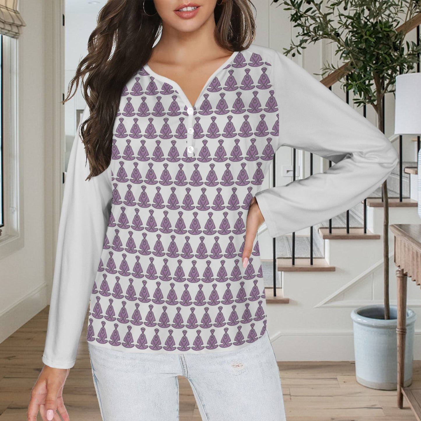 Buddha Pattern Long Sleeve Shirt Button Silver Moon