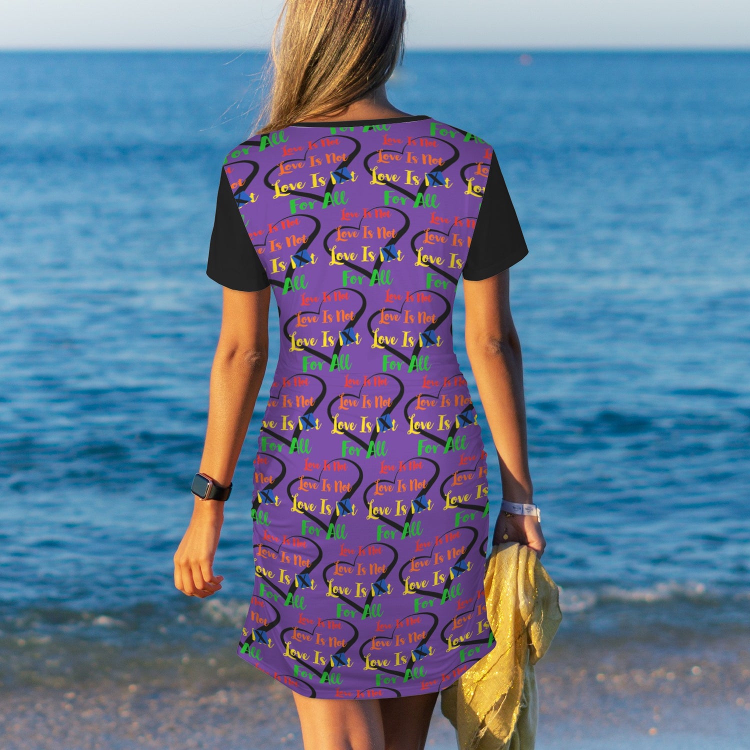 LINFA Bodycon Dress Purple Black Sleeve Little Hearts Pattern