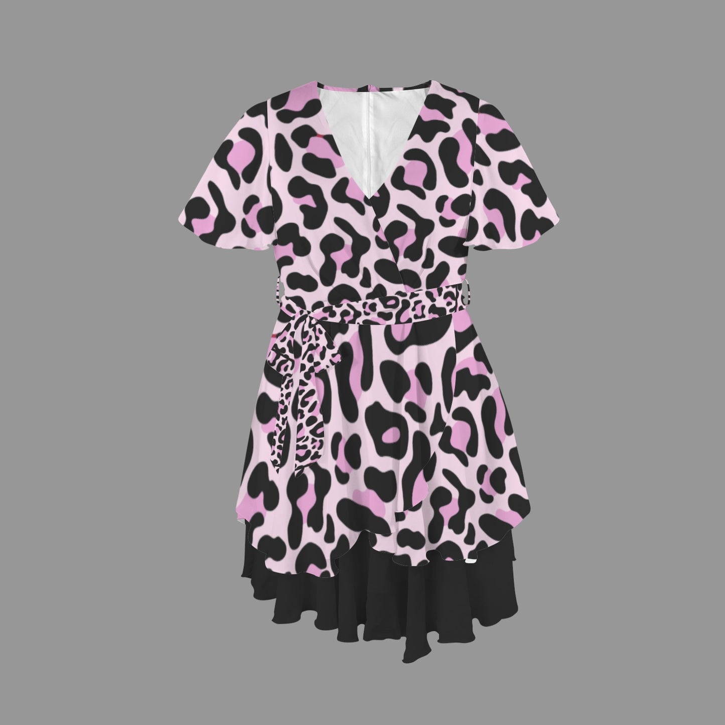 Leopard Tie V Neck Dress Black Pink