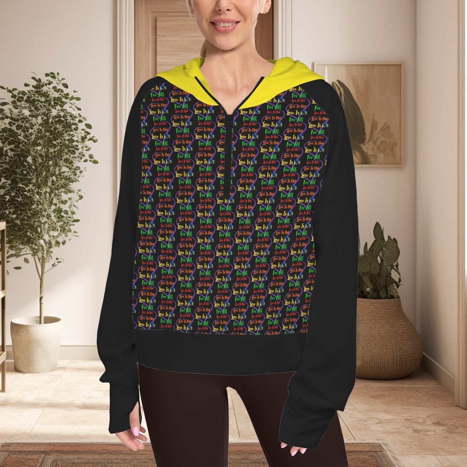 LINFA Little Hearts Zip Up Collar Hoodie Black Yellow Hoodie