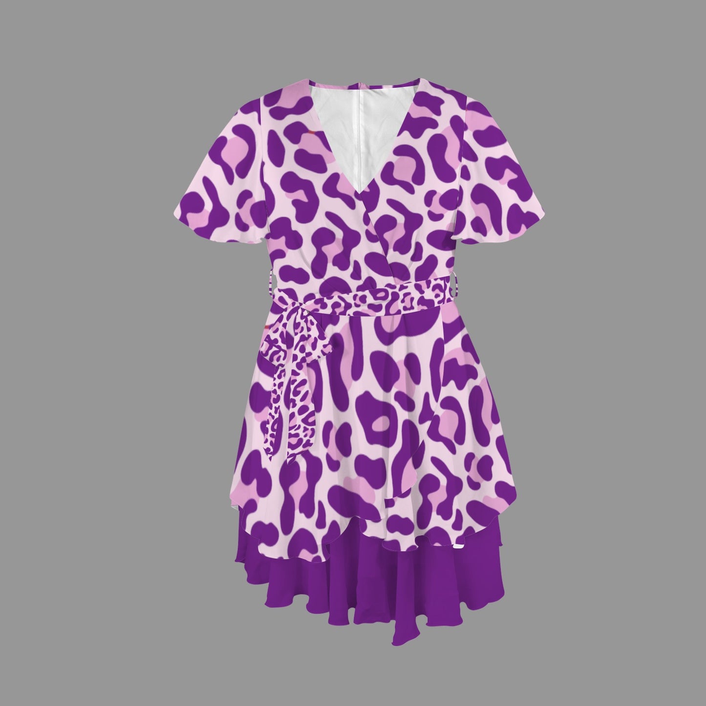 Leopard Tie V Neck Dress Purple Pink