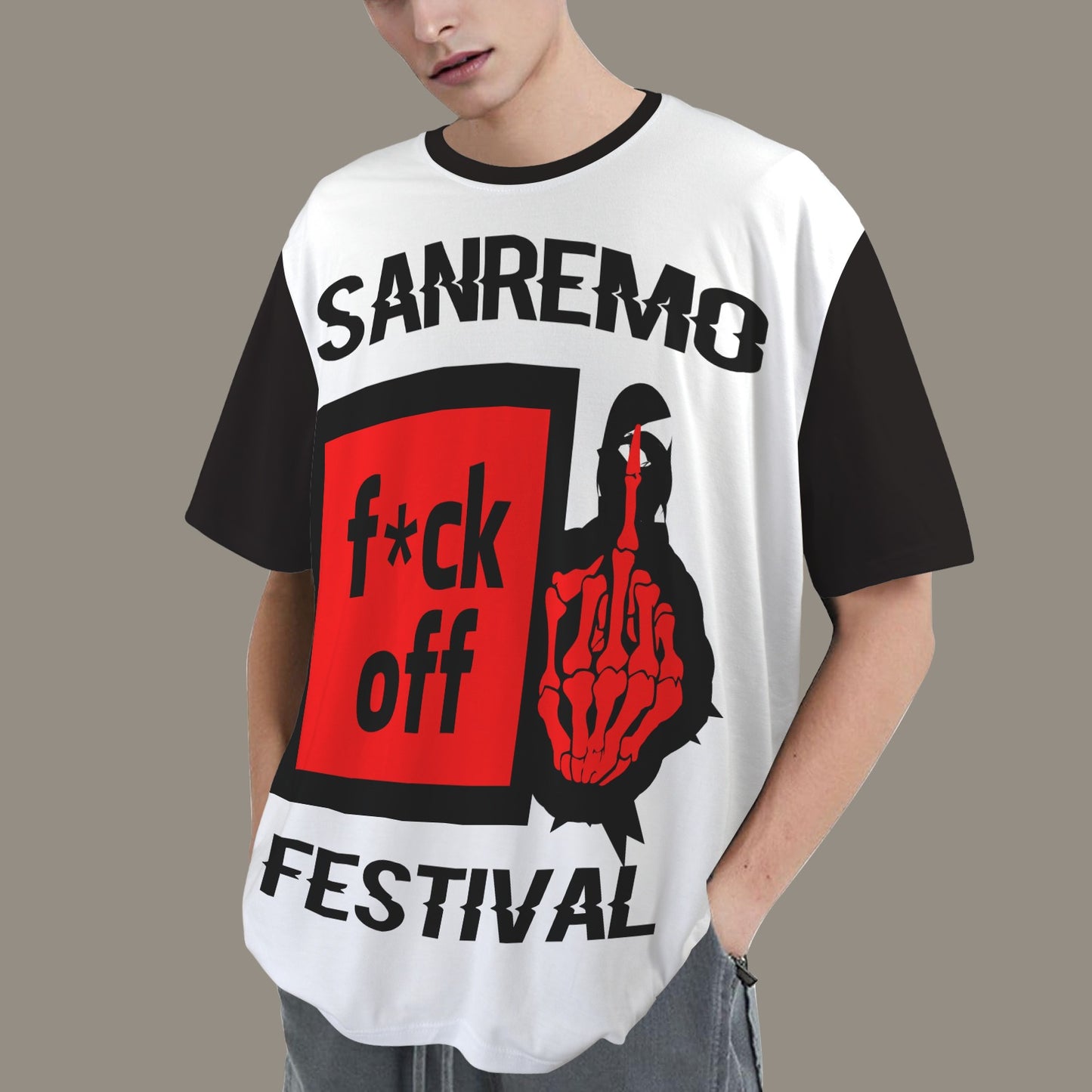 FUCK OFF SANREMO FESTIVAL DISTRESSED T-SHIRT BLACK WHITE
