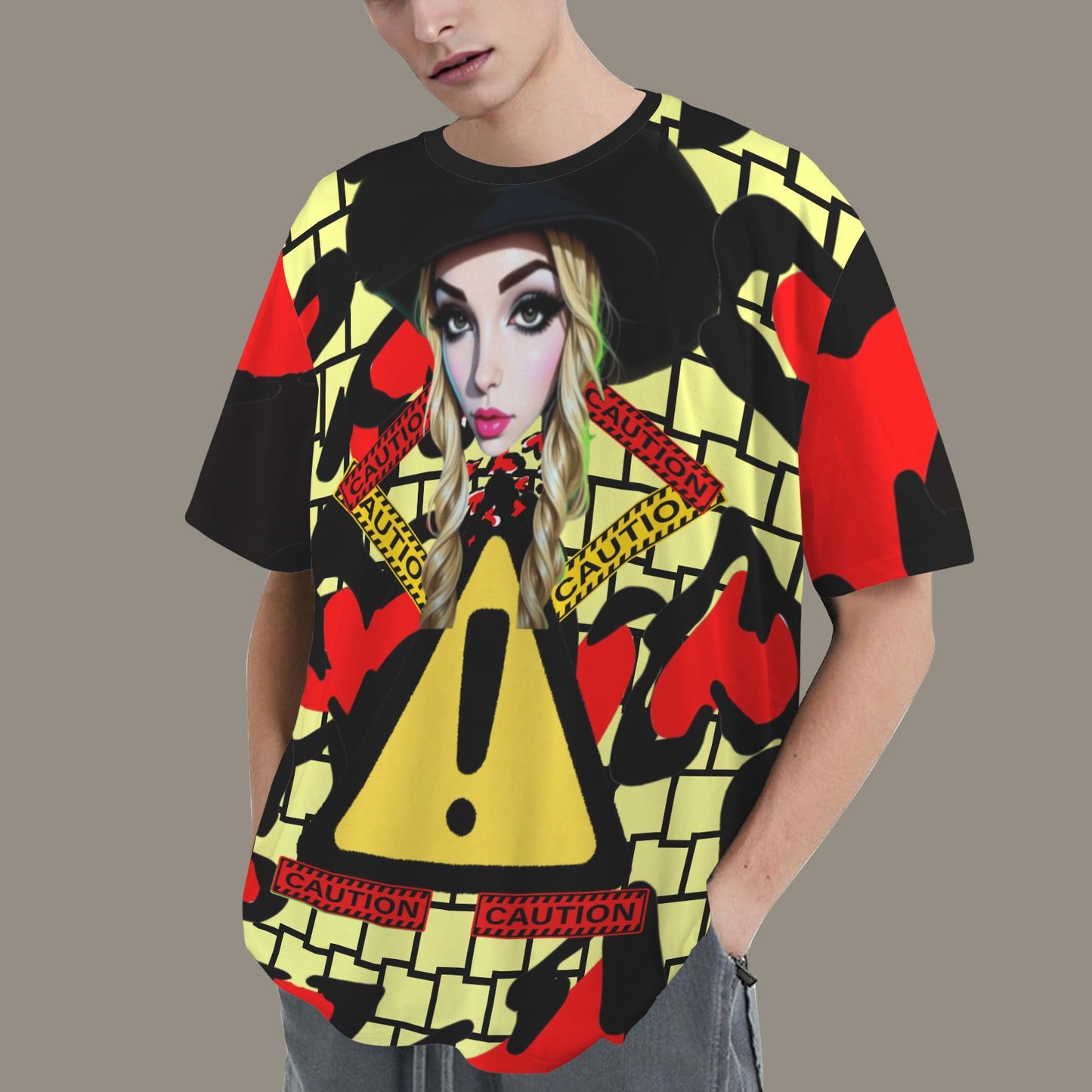 RANSIE CARTOON CAUTION  WHITE BLACK WALL HEARTS T-SHIRT