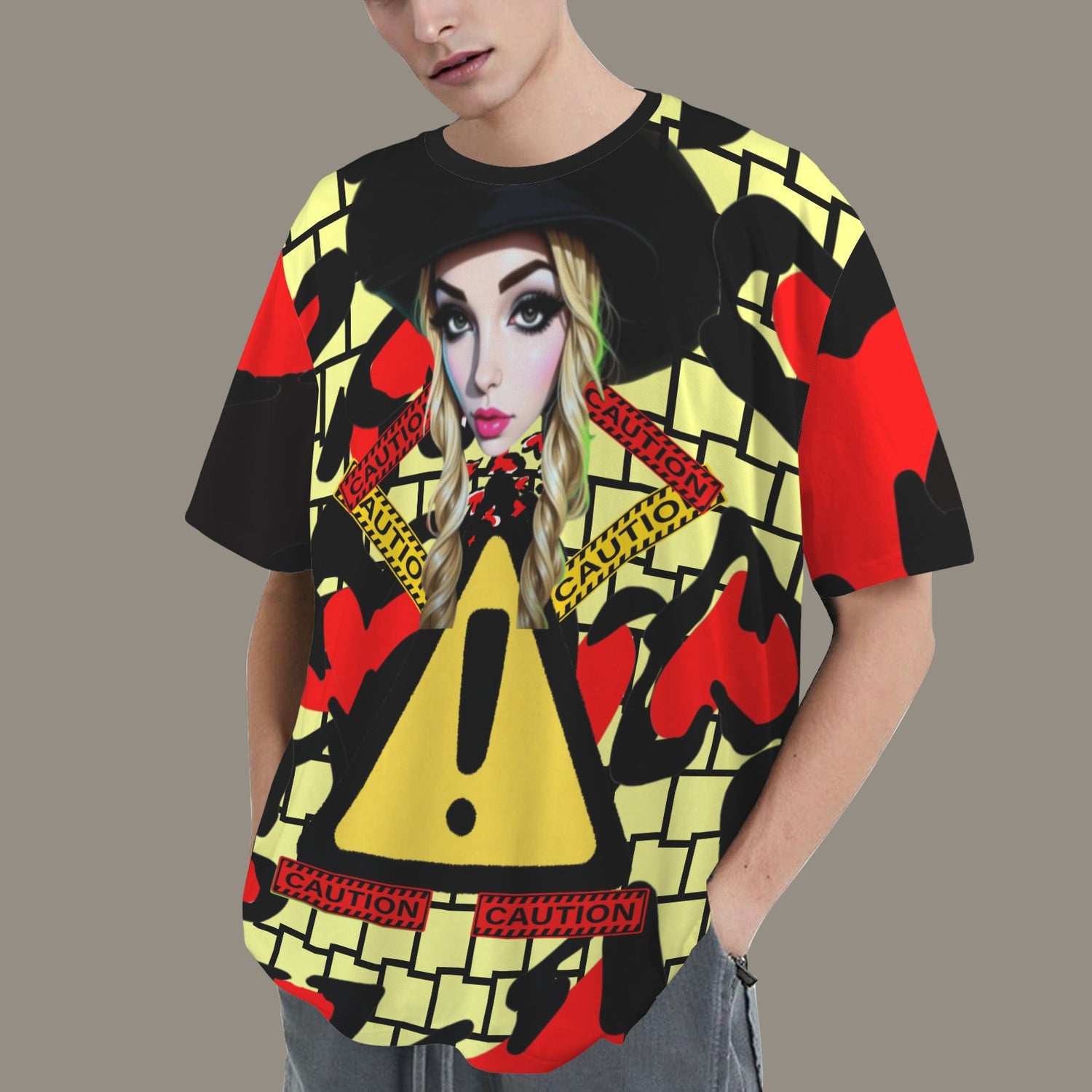 RANSIE CARTOON CAUTION  WHITE BLACK WALL HEARTS T-SHIRT