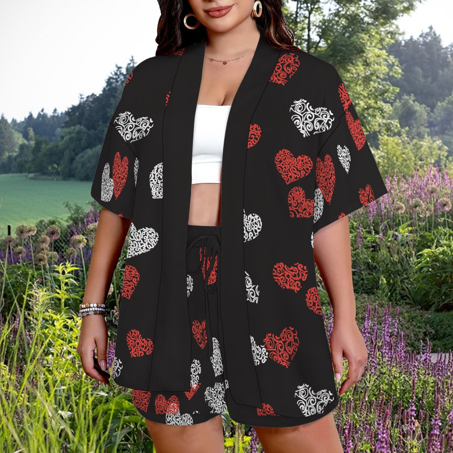 White Red Heart Black Open Blouse