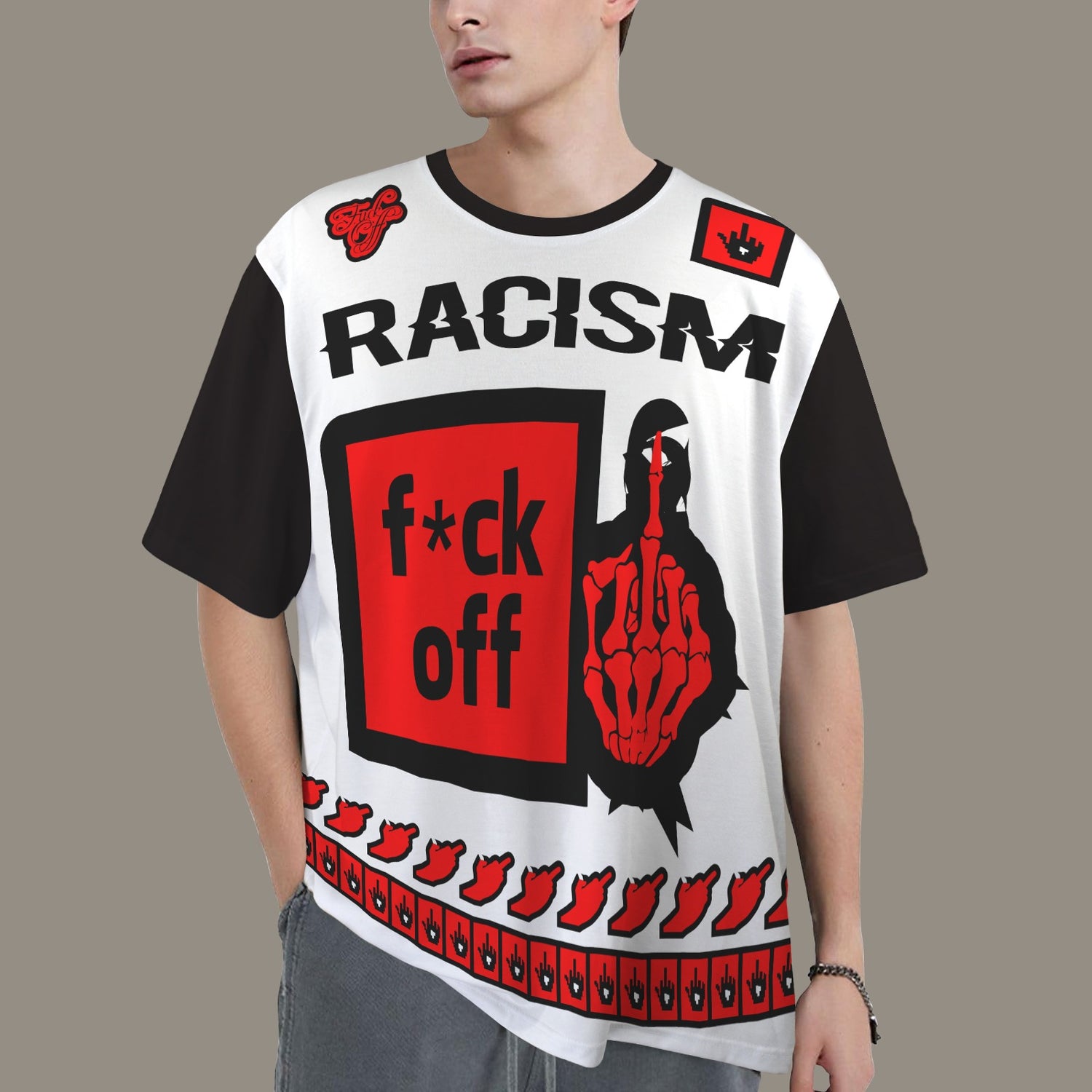 FUCK OFF RACISM DISTRESSED T-SHIRT BLACK WHITE