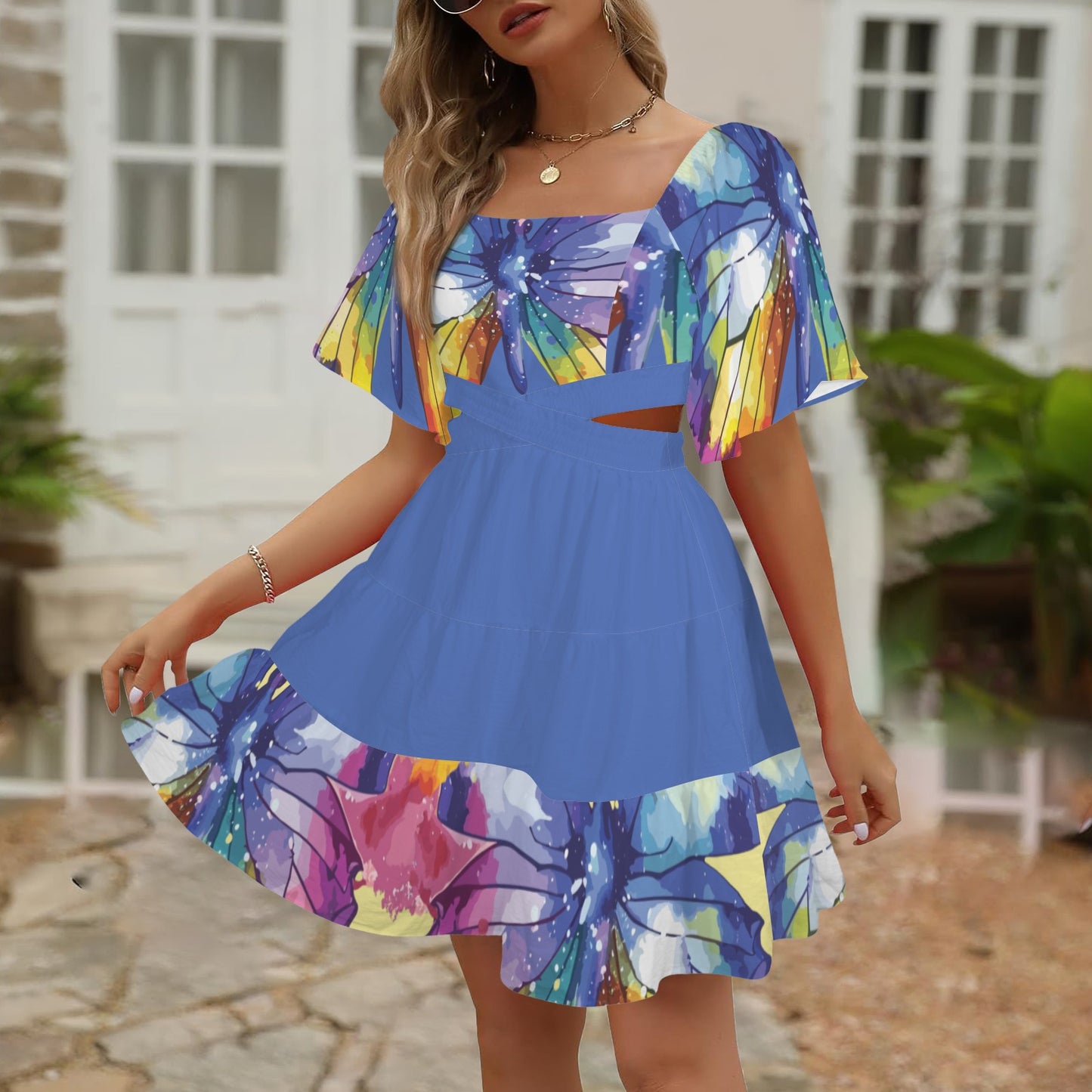 Cross Waist Dress Butterfly Glicine
