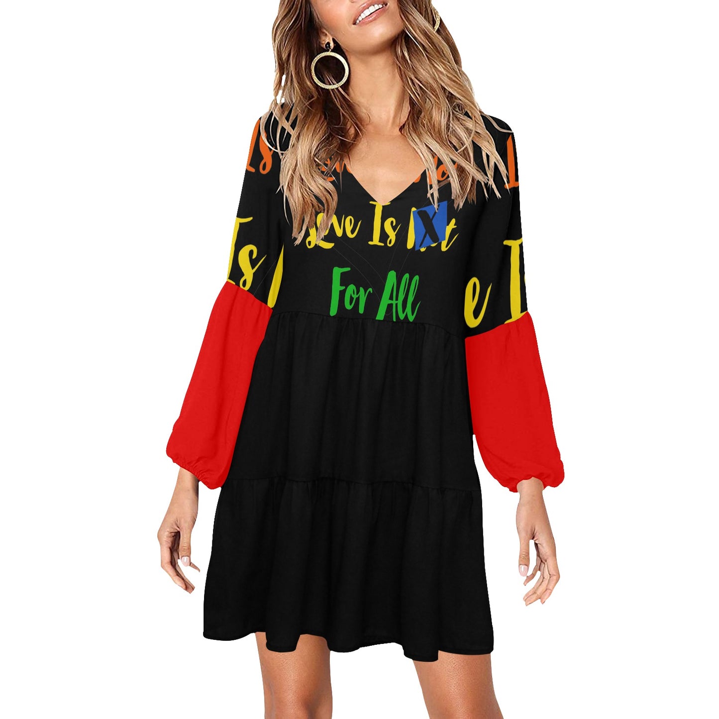 LINFA Boho Dress Black Red Sleeve