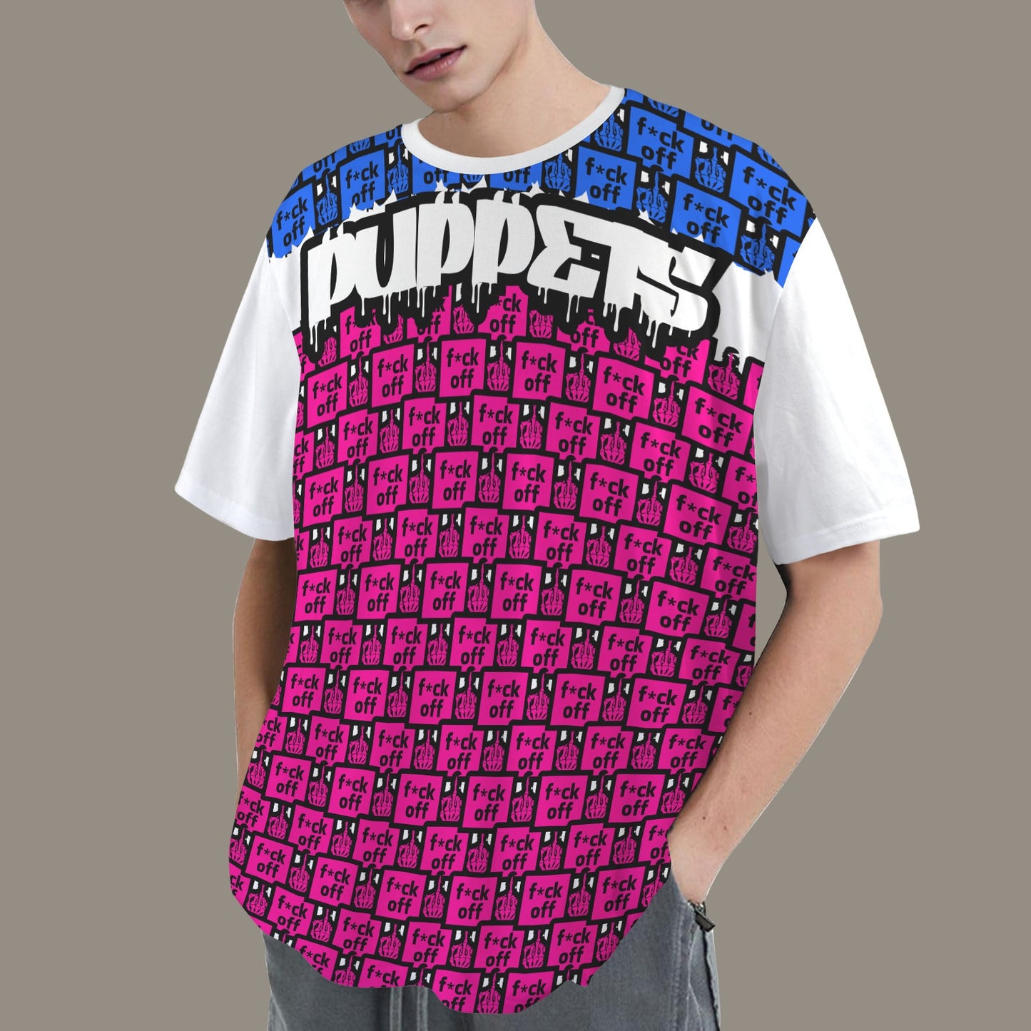 FUCK OFF PUPPETS PINK BLUE WHITE T-SHIRT V2