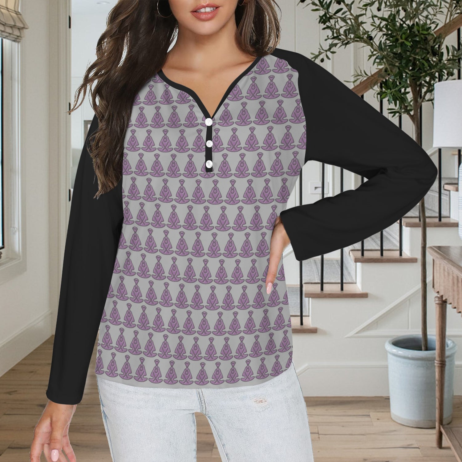 Buddha Pattern Long Sleeve Shirt Button Grey Black Sleeve