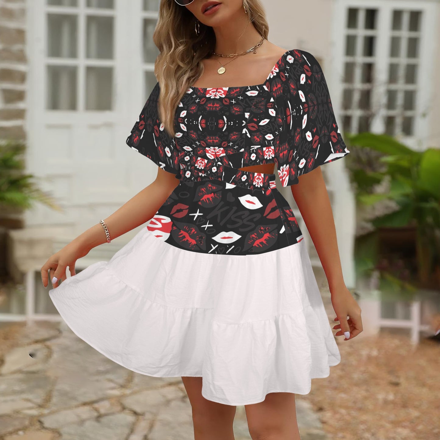 Cross Waist Dress Mouths Black White