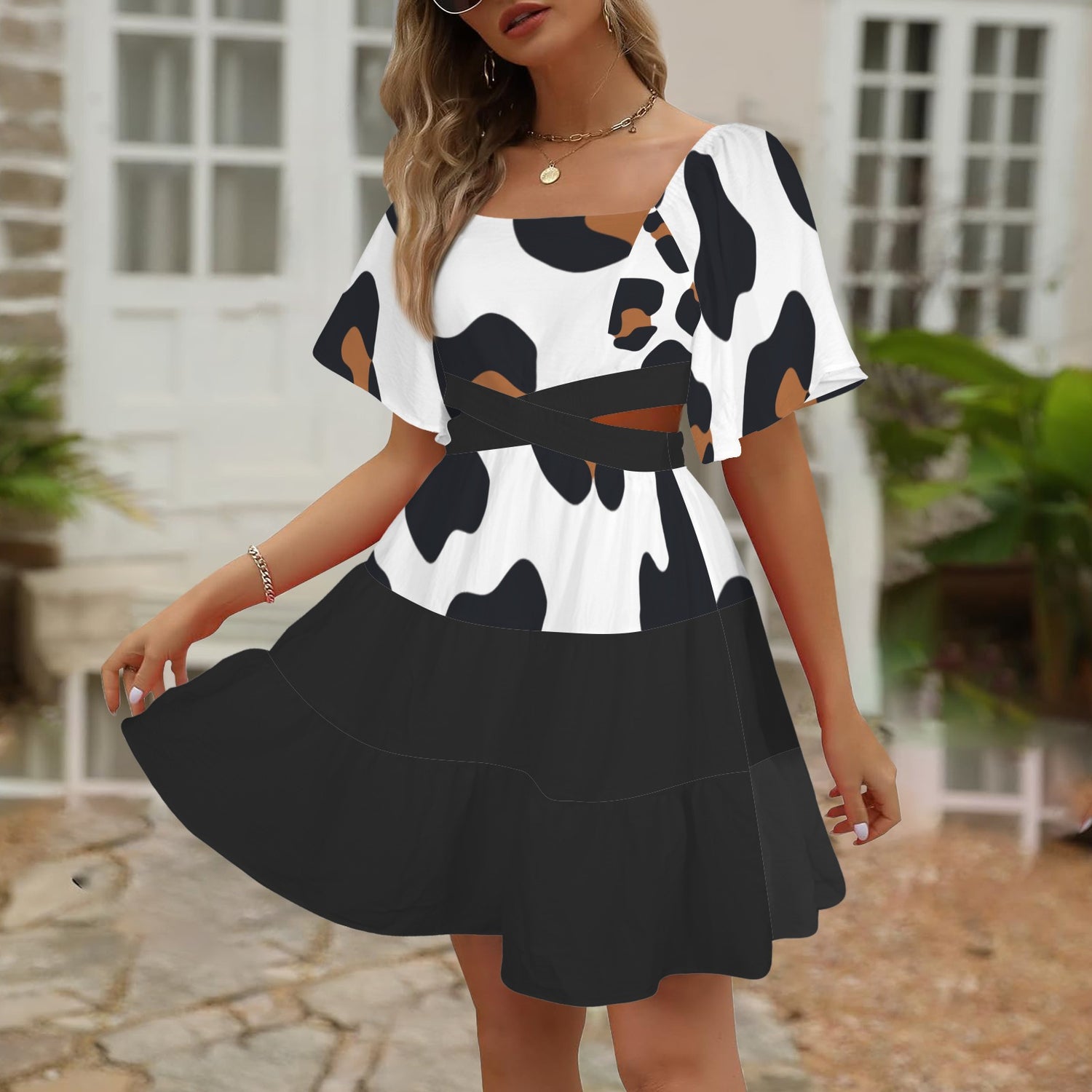 Cross Waist Dress Leopard Black White Brown