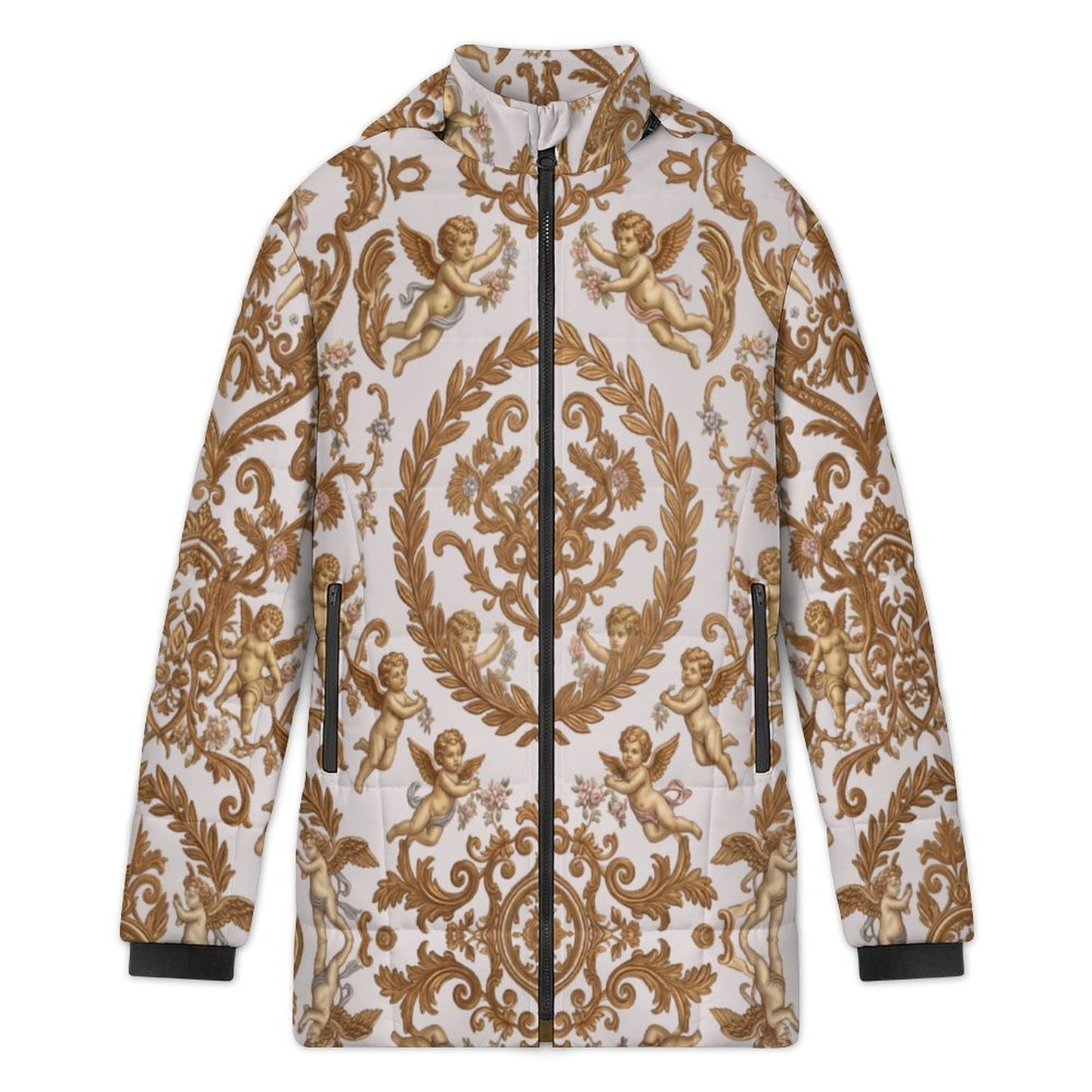 All-Over Print Women's Stand Collar Hooded Zipper Puffer Coat
