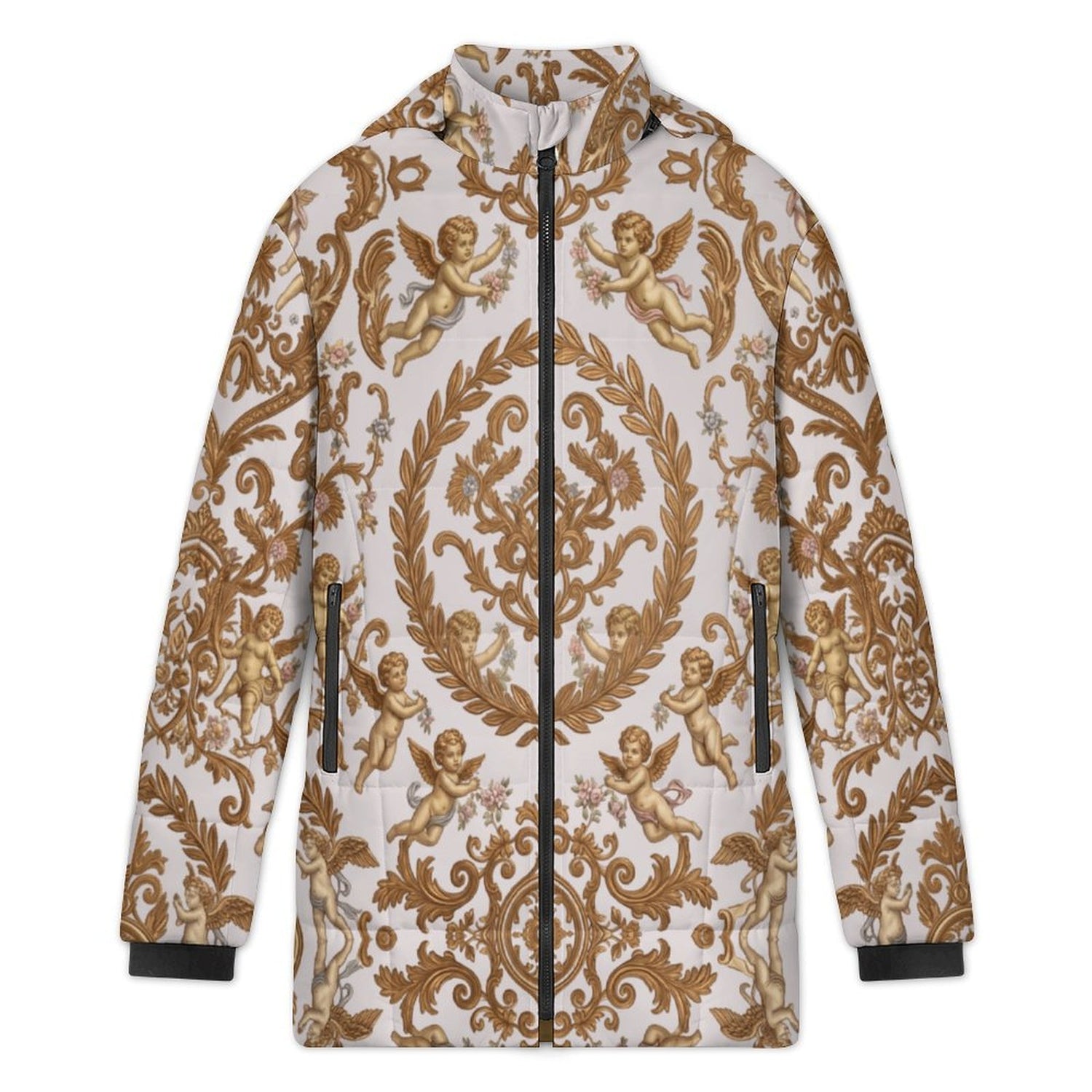 All-Over Print Women's Stand Collar Hooded Zipper Puffer Coat