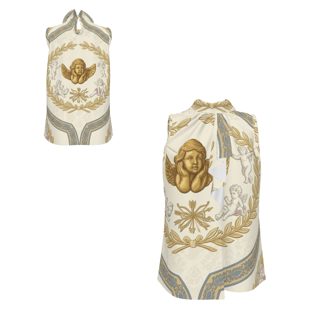 All Over Print Women's Lapel Sleeveless Ruffle Tie Tank Top