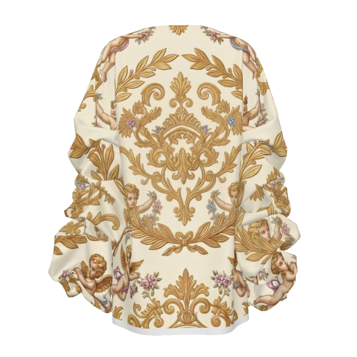 Baroque Putti Round Neck Shirred Long Sleeve Fleece Top