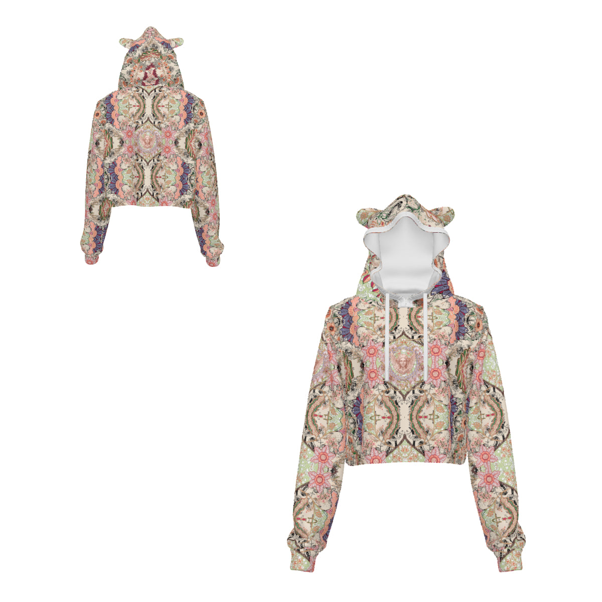 Custom Women's Cat Ear Cropped Hoodie with Drawstring and Cuffs