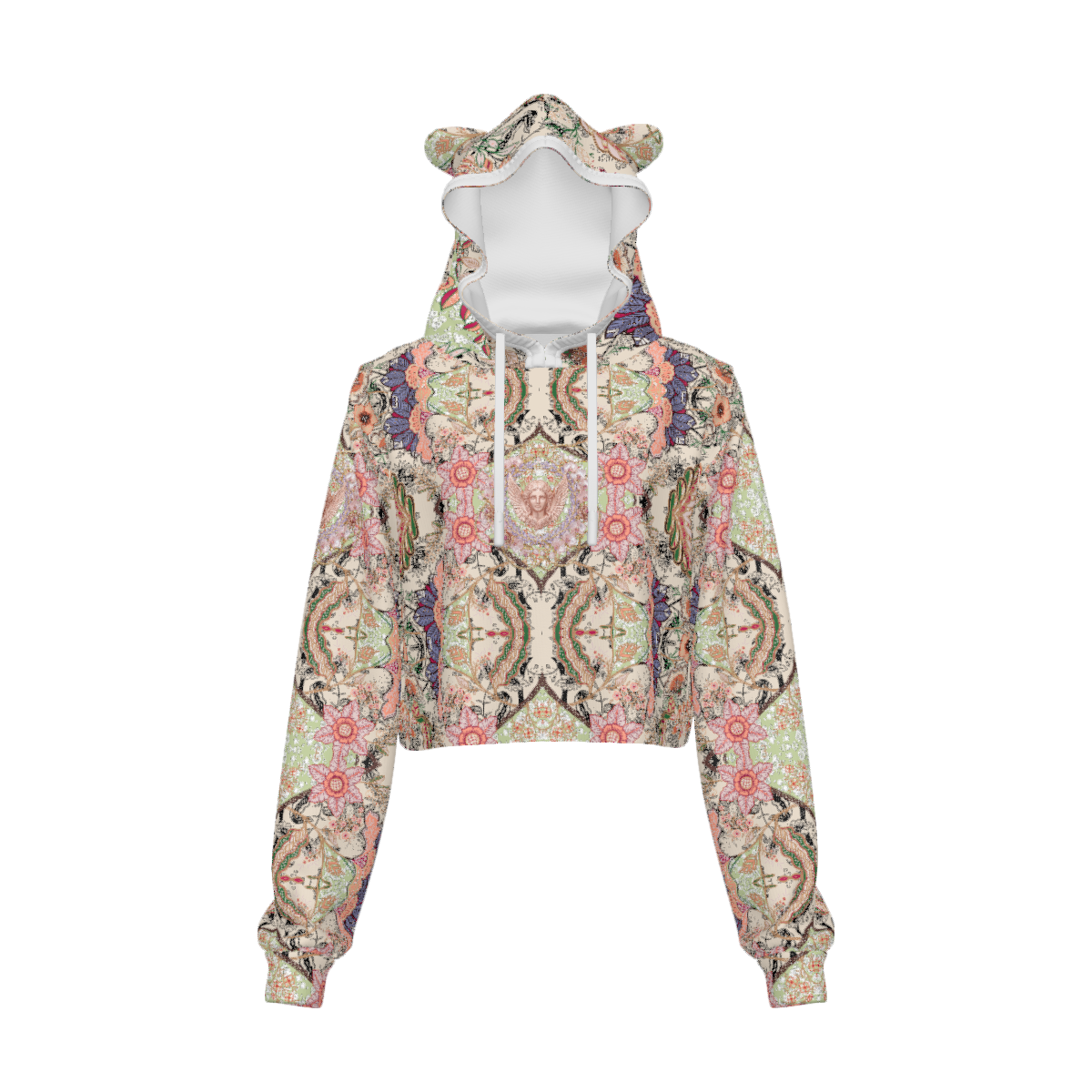 Custom Women's Cat Ear Cropped Hoodie with Drawstring and Cuffs