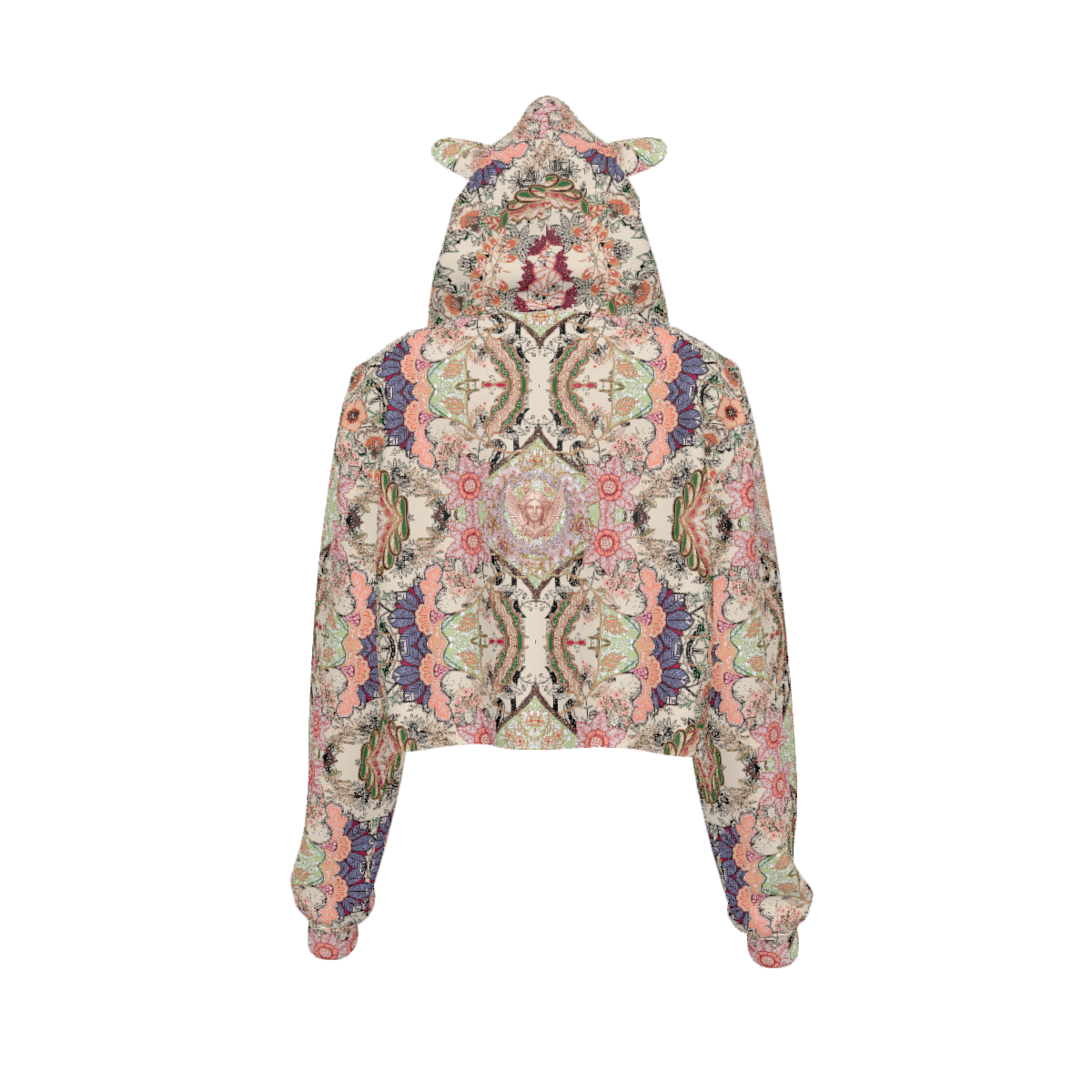 Custom Women's Cat Ear Cropped Hoodie with Drawstring and Cuffs