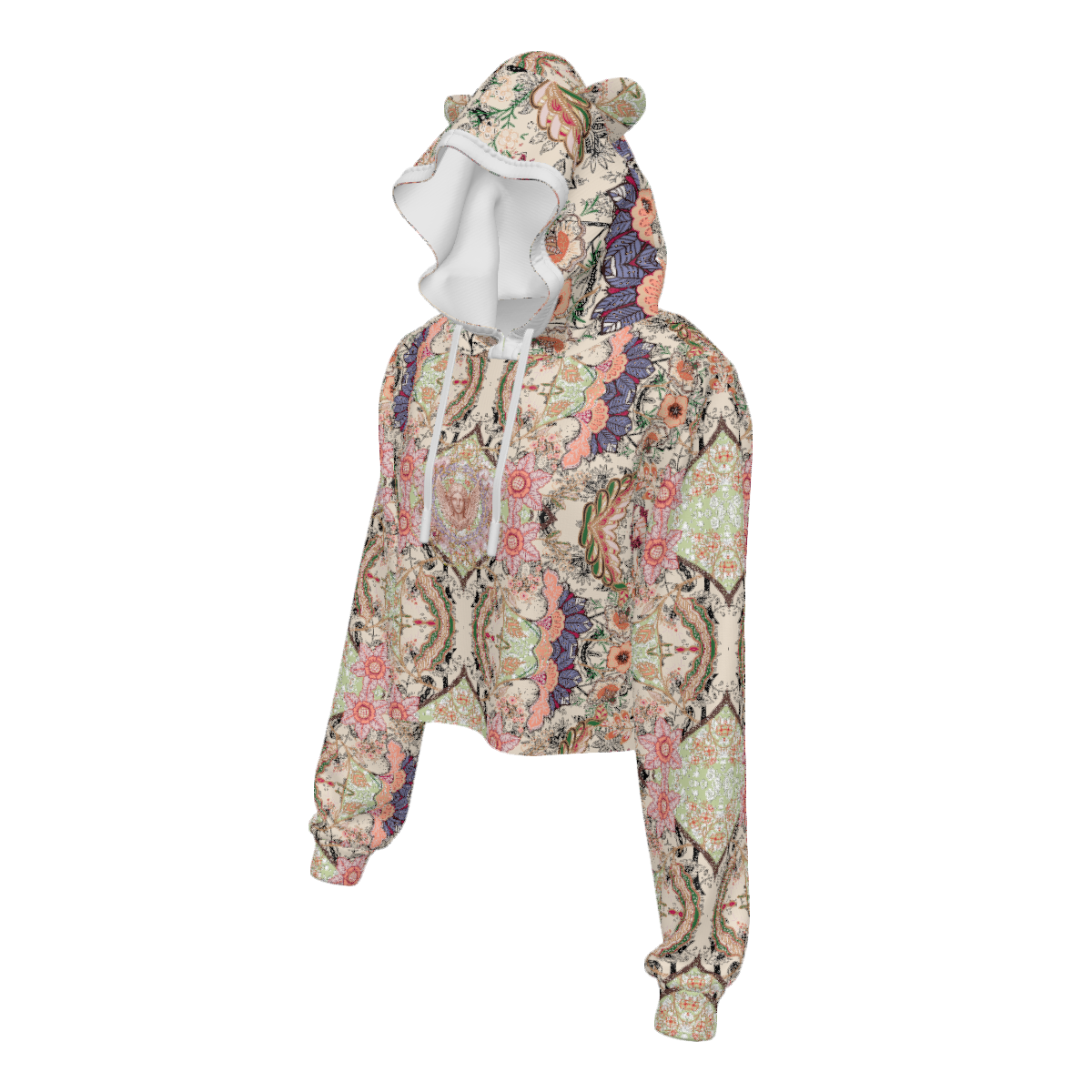 Custom Women's Cat Ear Cropped Hoodie with Drawstring and Cuffs