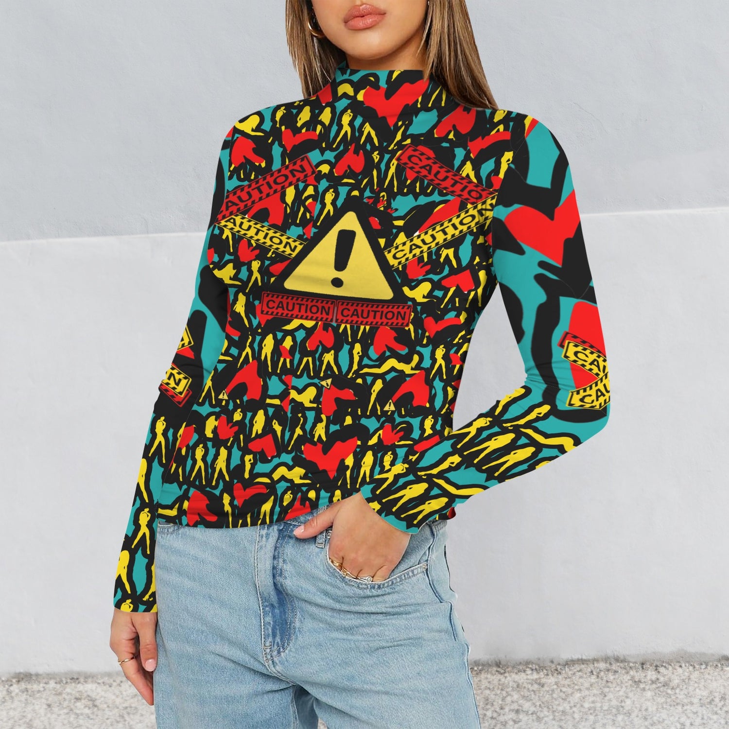 CAUTION Long Sleeve Turtleneck Shirt Torquoise Hearts Mosquitoes Small SIGN
